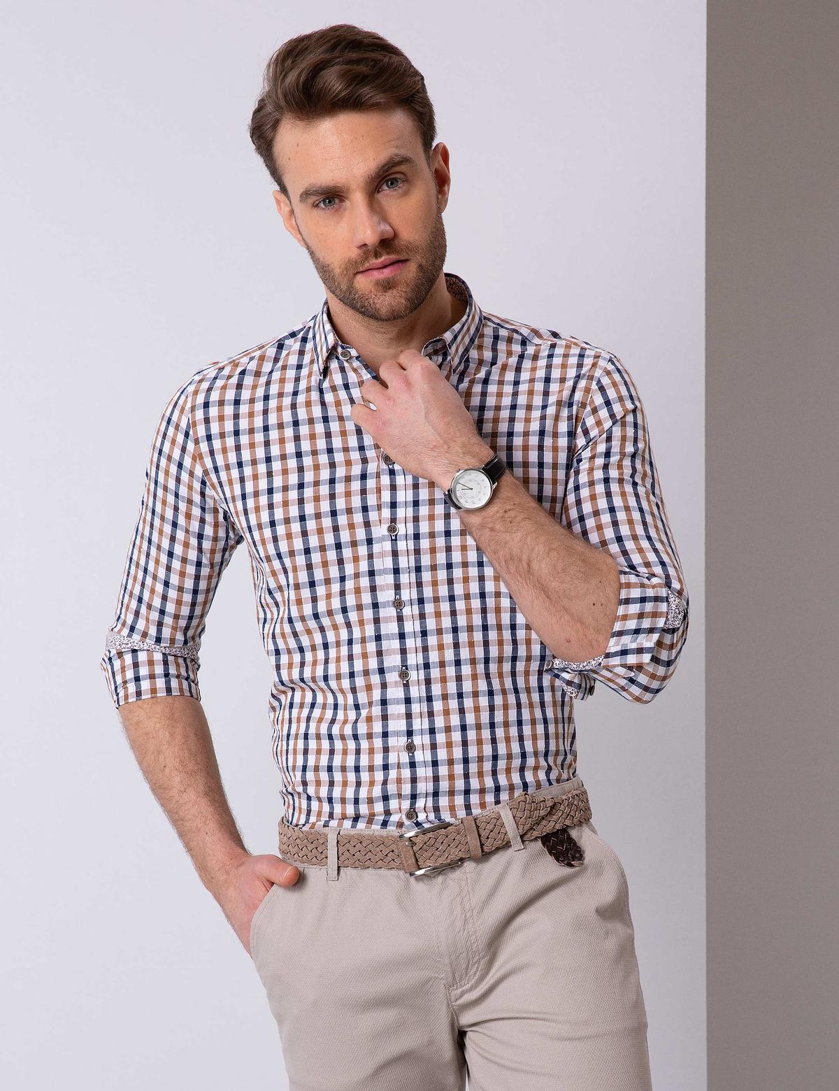 Kahverengi Slim Fit Uzun Kollu Gömlek