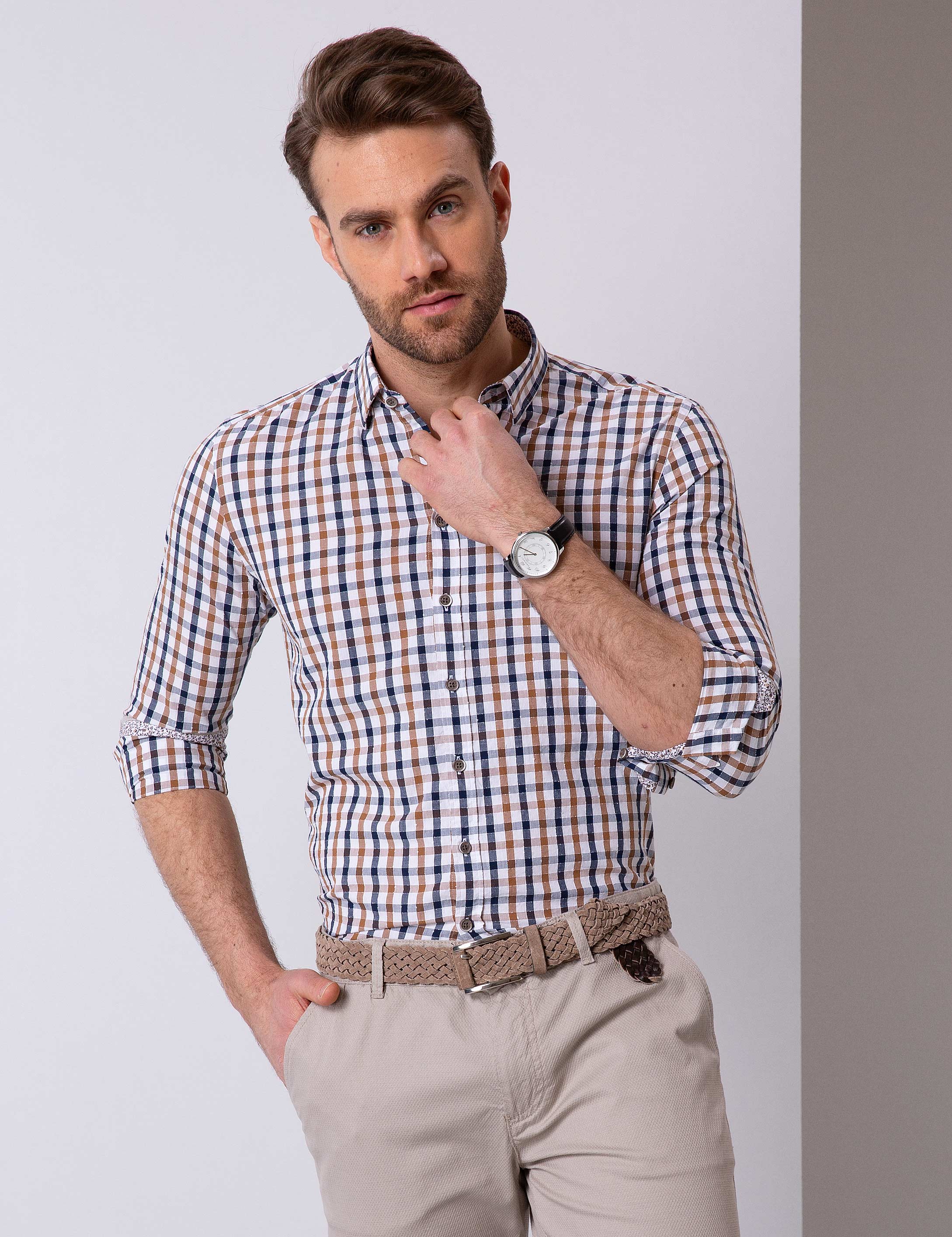 Kahverengi Slim Fit Uzun Kollu Gömlek