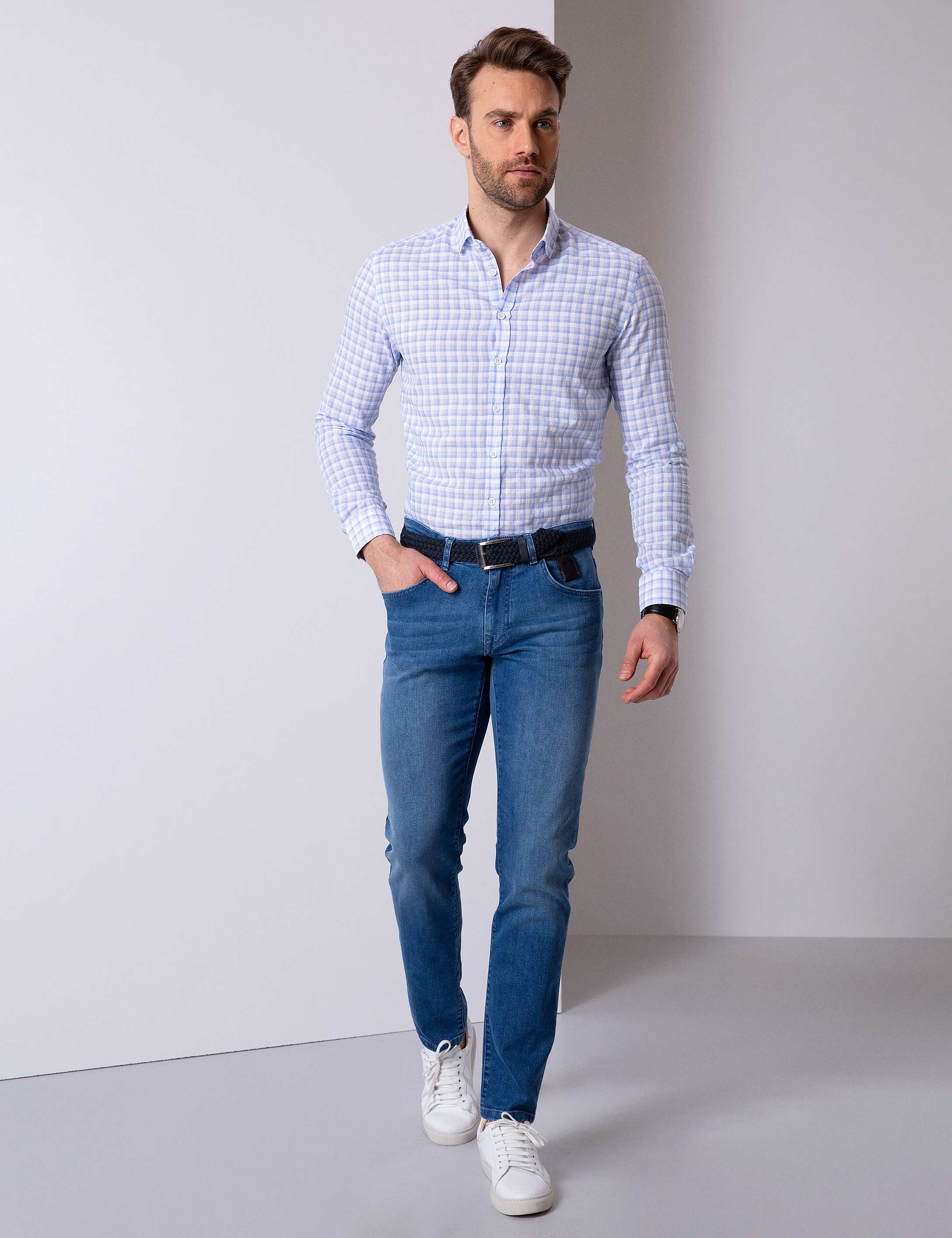 Açık Mavi Slim Fit Uzun Kollu Gömlek - Image 2
