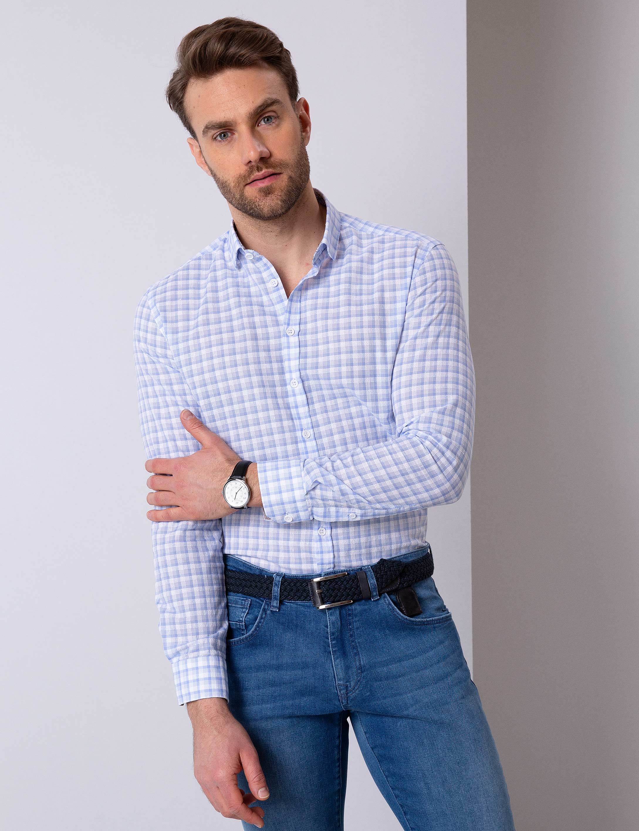 Açık Mavi Slim Fit Uzun Kollu Gömlek - Image 1