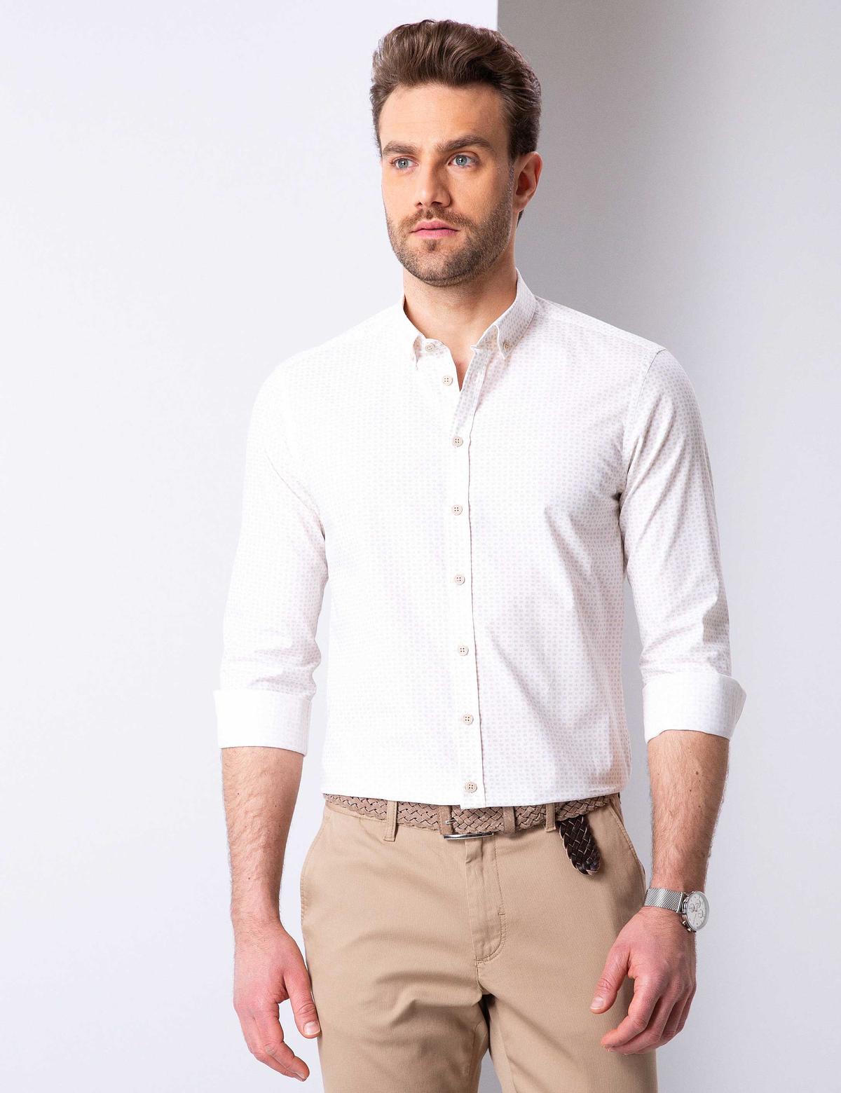 Bej Slim Fit Uzun Kollu Gömlek