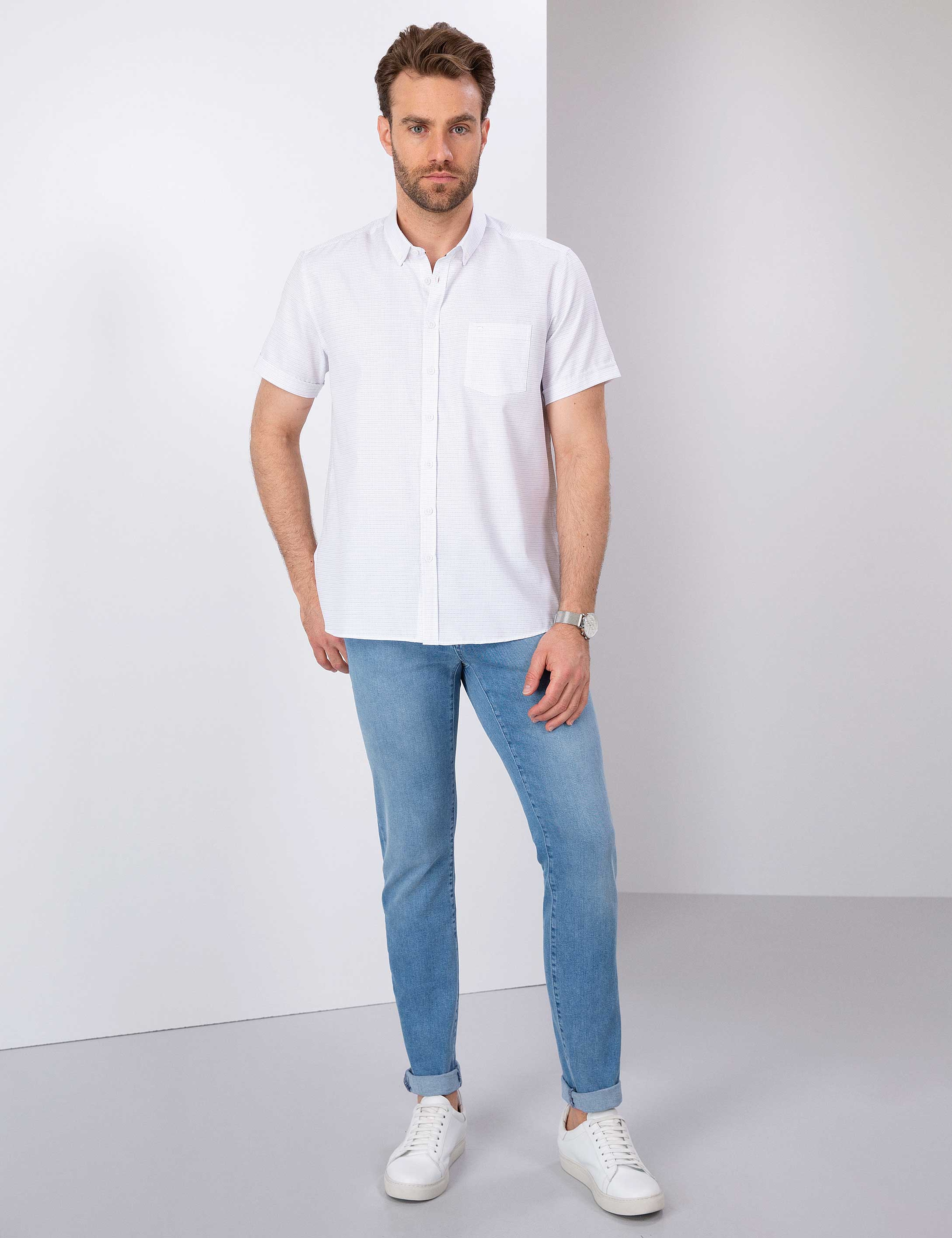 Beyaz Regular Fit Kısa Kollu Gömlek - Image 4