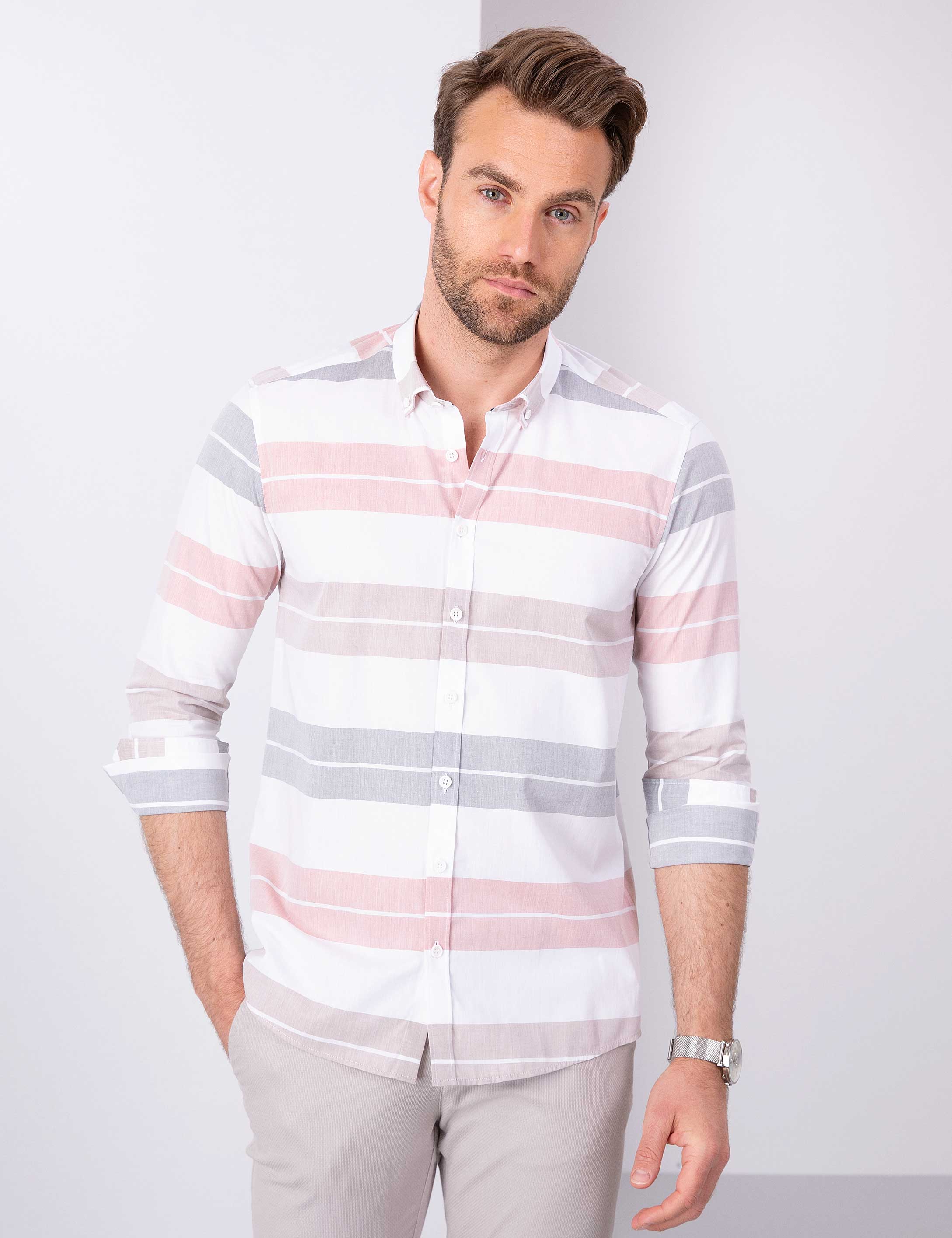 Turuncu Slim Fit Uzun Kollu Gömlek