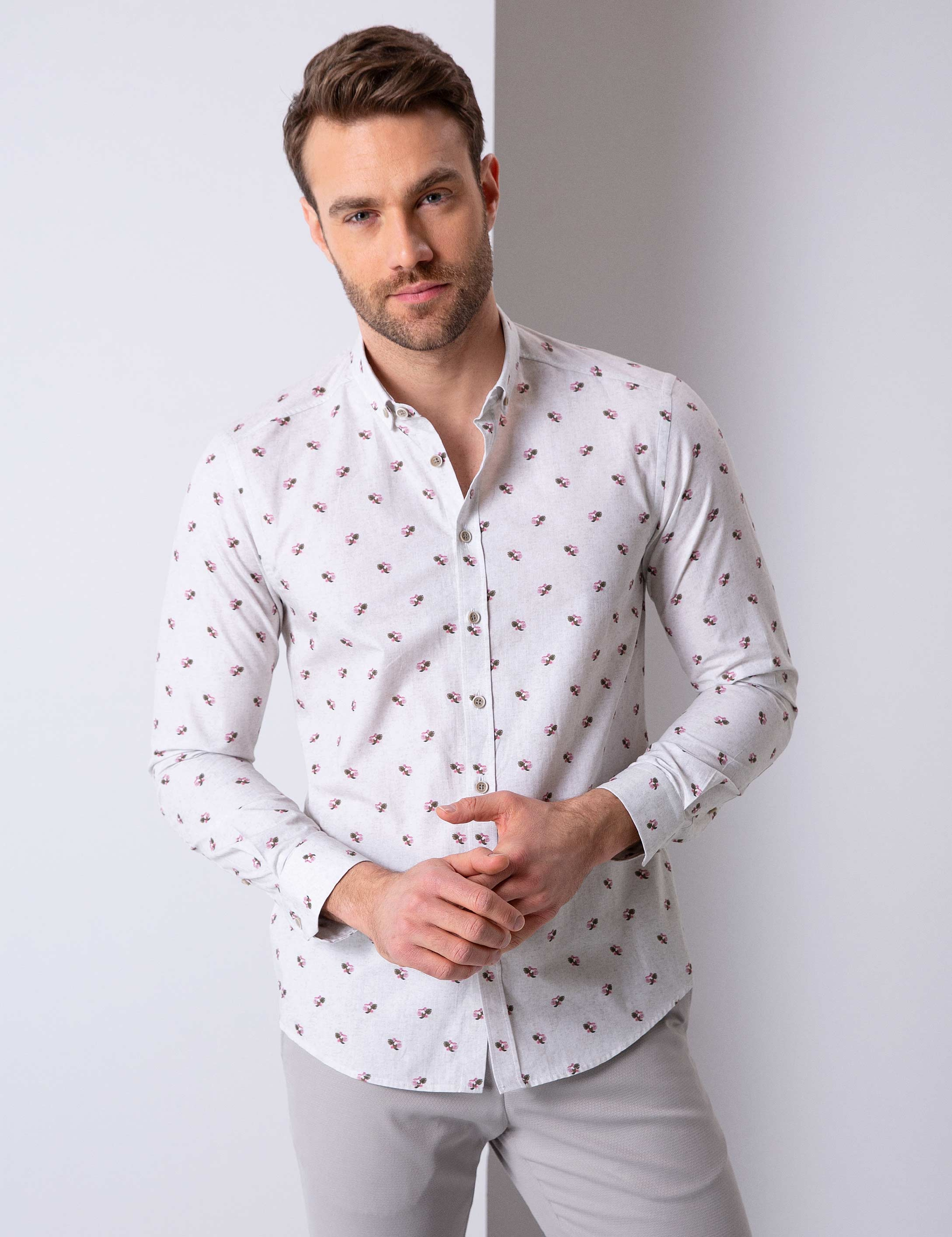 Açık Gri Slim Fit Uzun Kollu Gömlek