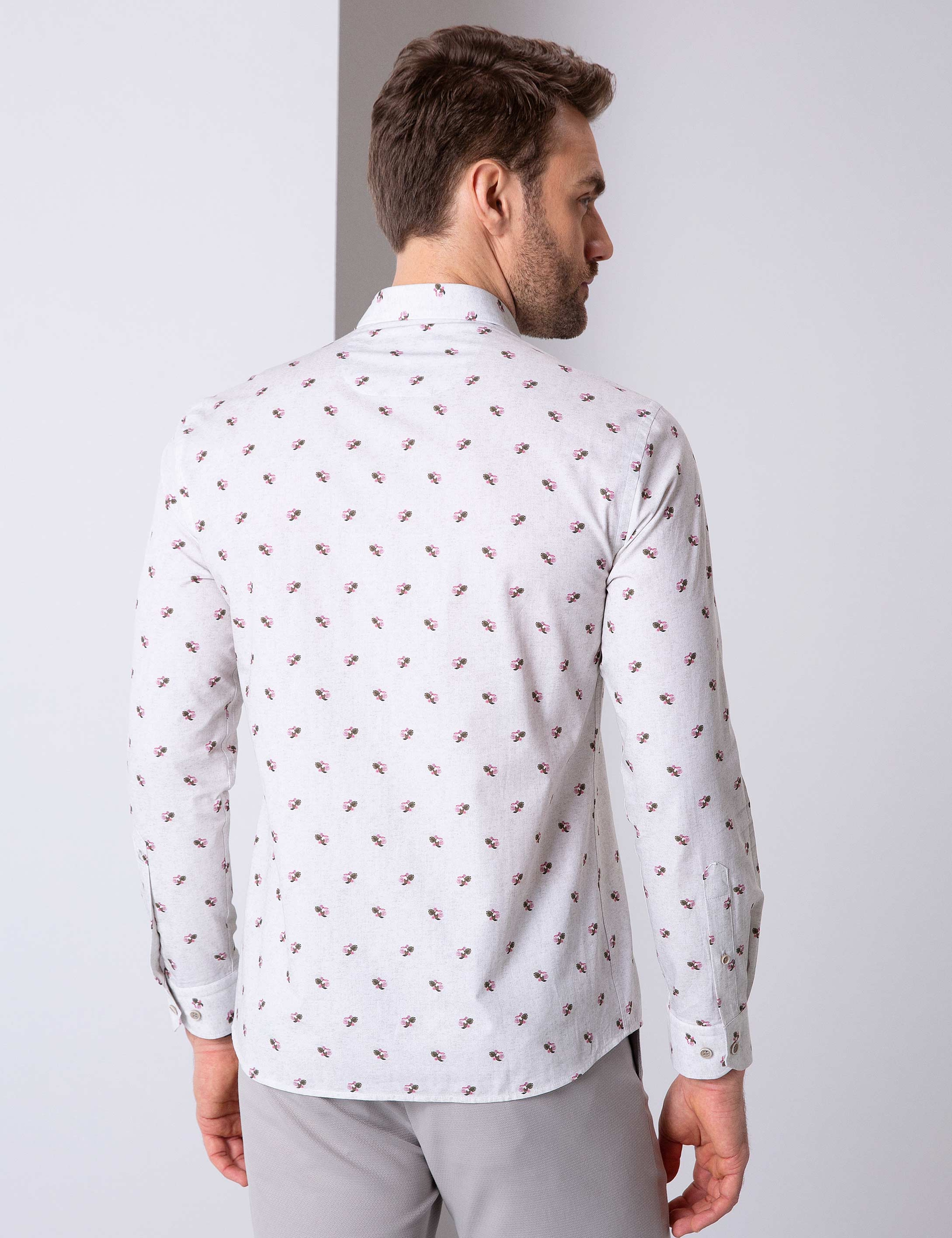 Açık Gri Slim Fit Uzun Kollu Gömlek - Image 2