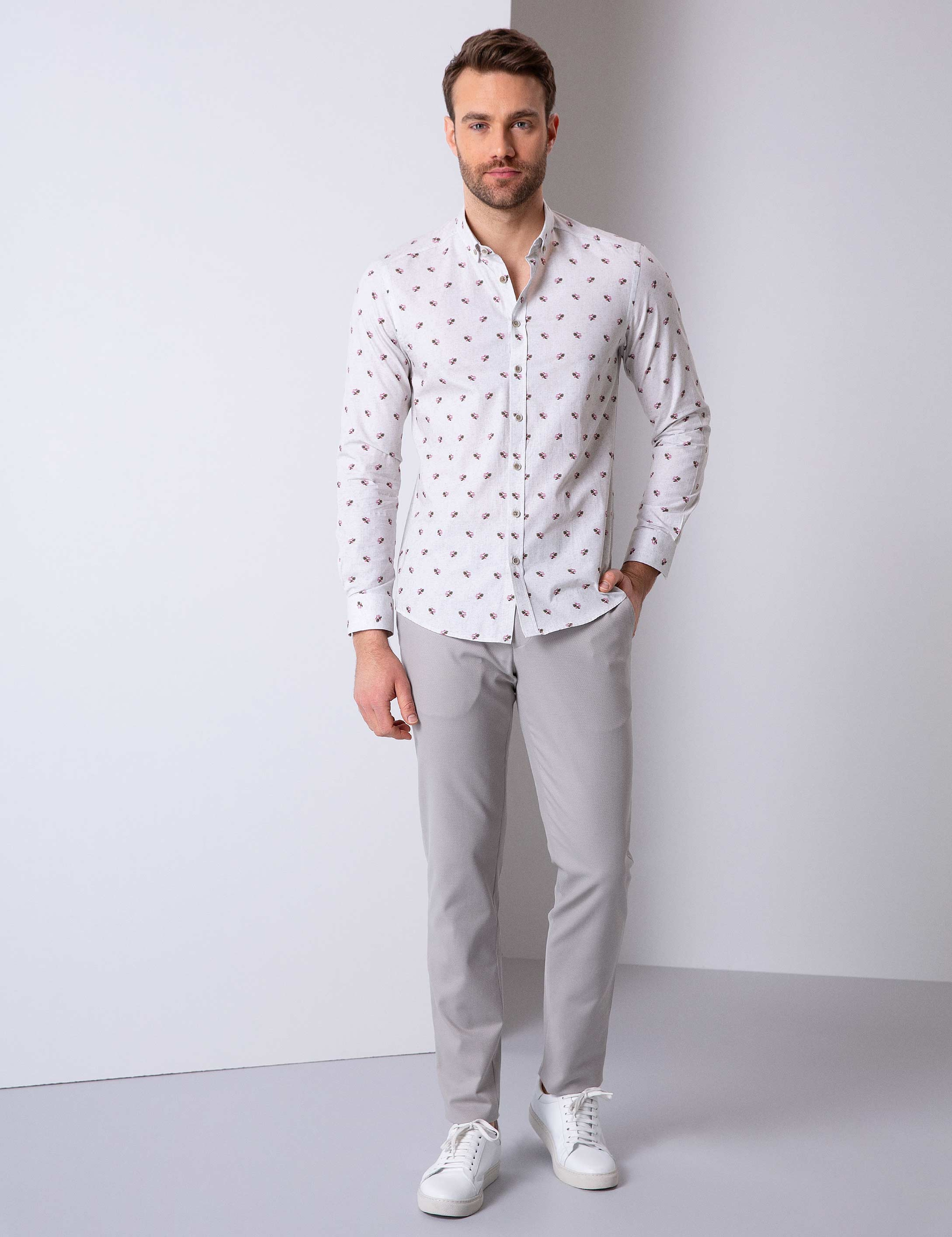 Açık Gri Slim Fit Uzun Kollu Gömlek - Image 3