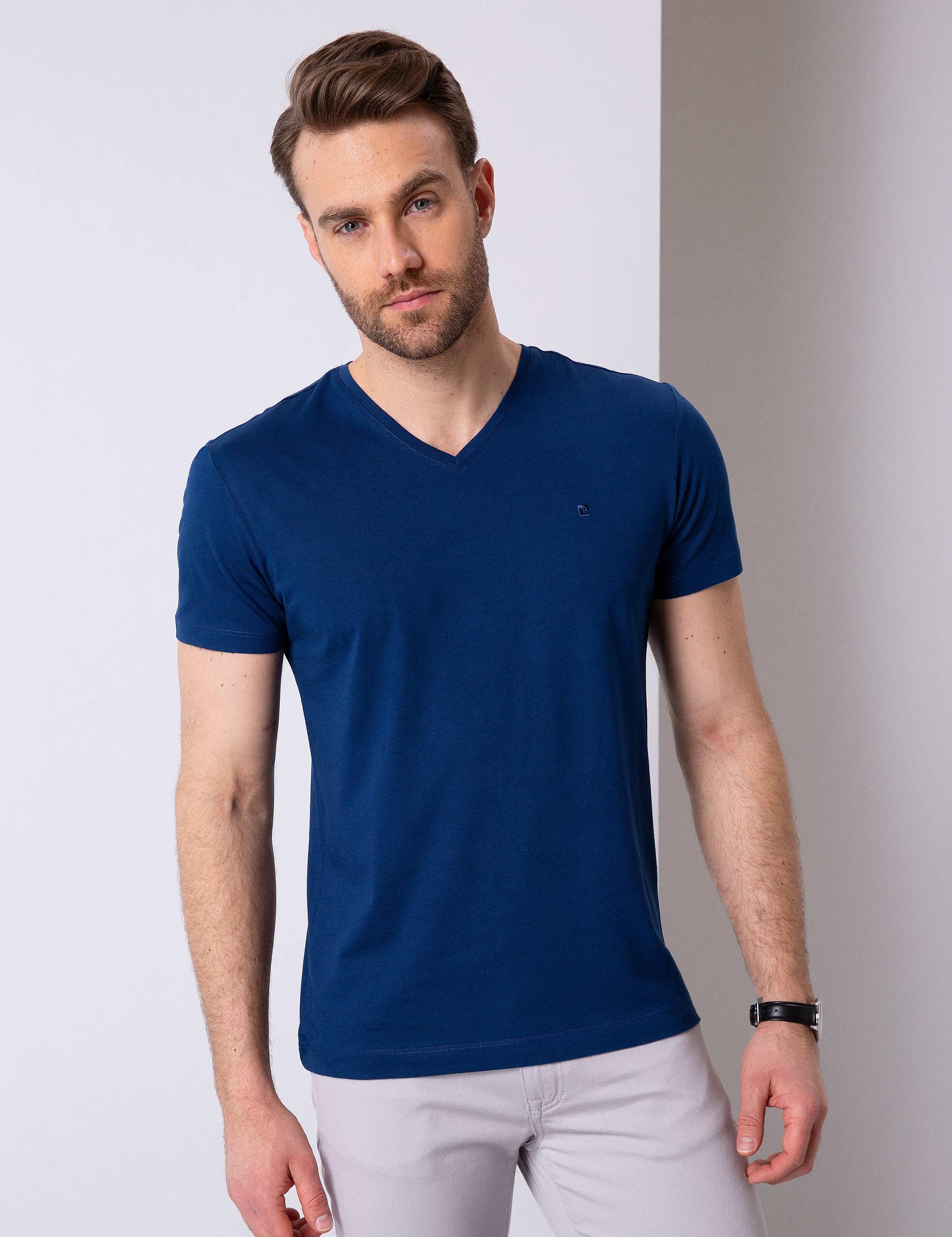 Lacivert Slim Fit V - Yaka Basic Tişört