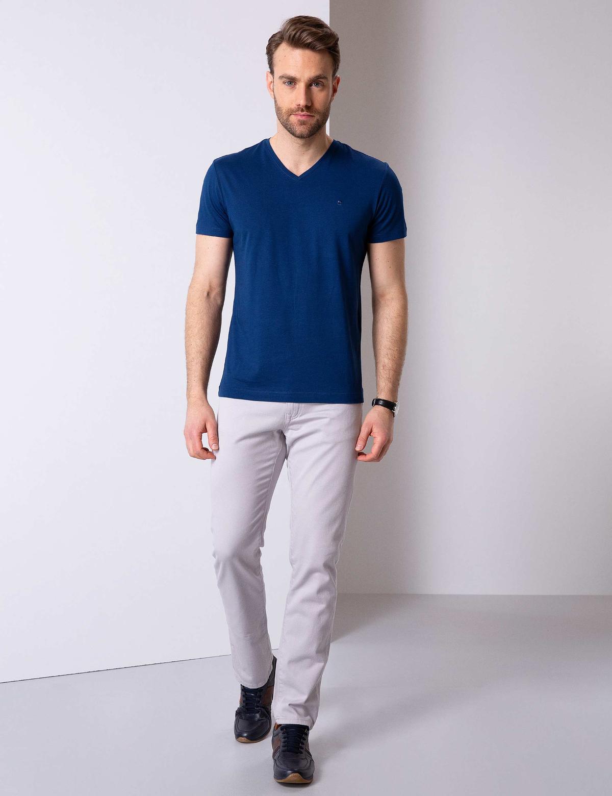 Lacivert Slim Fit V - Yaka Basic Tişört - 50203545025