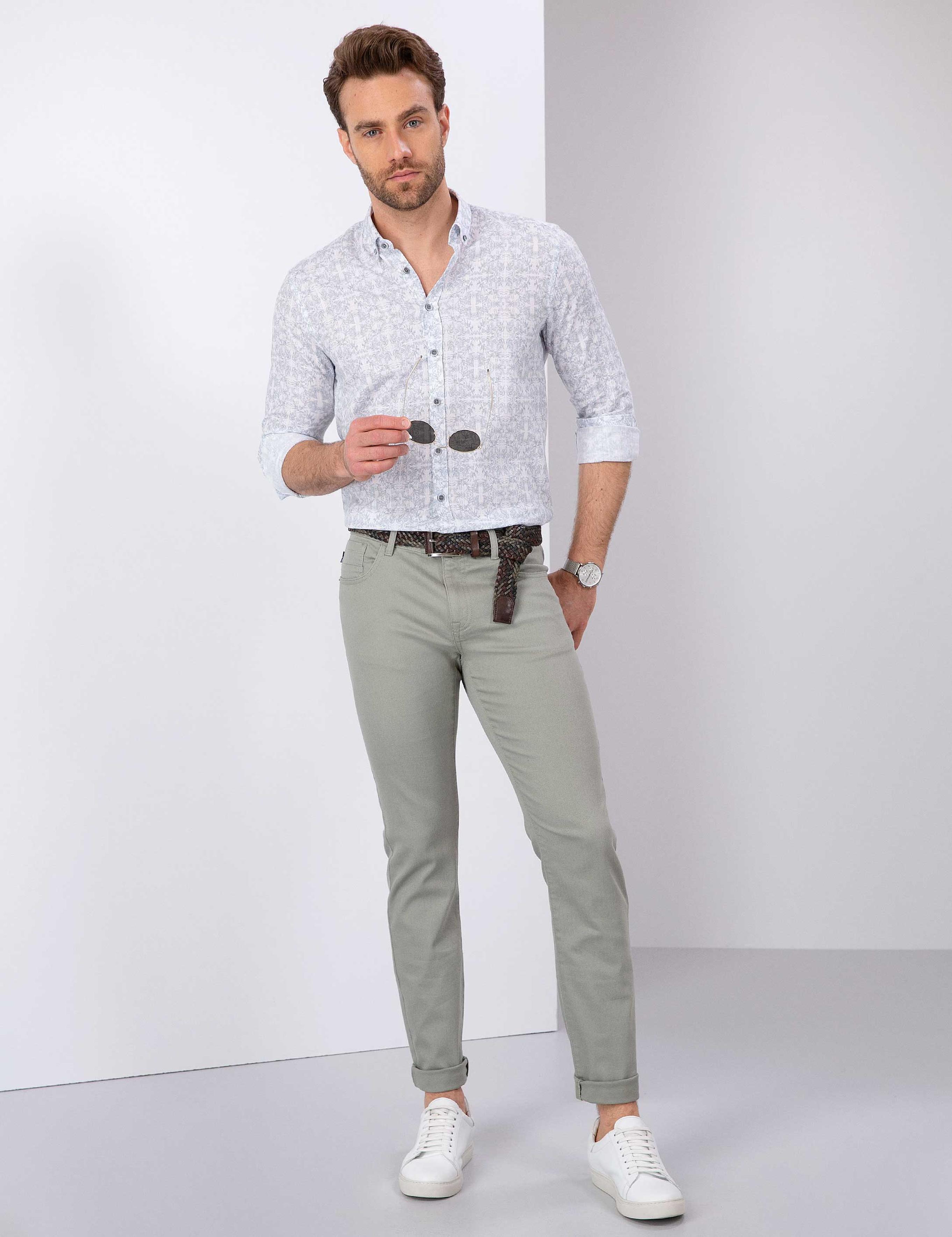 Açık Gri Slim Fit Uzun Kollu Gömlek