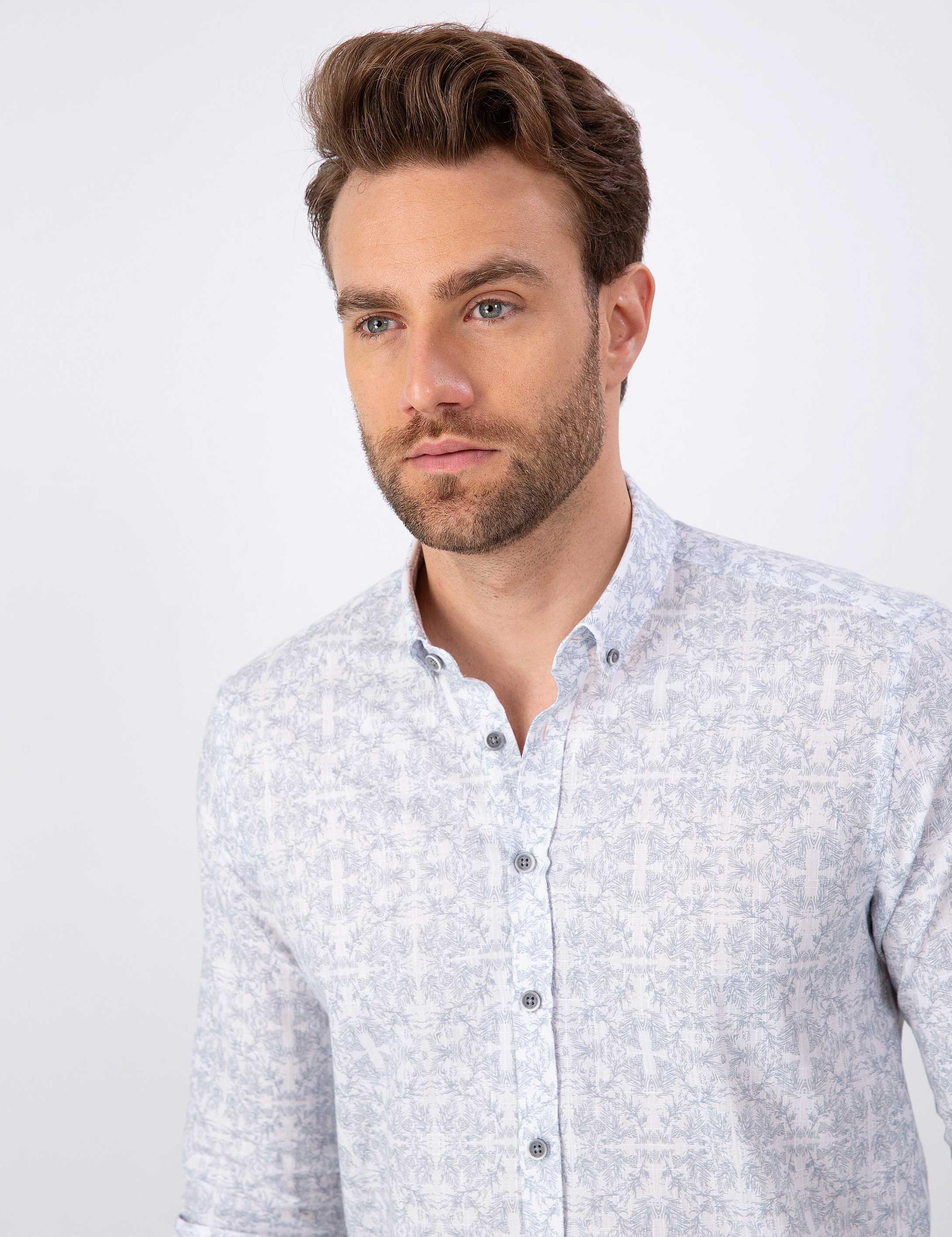 Açık Gri Slim Fit Uzun Kollu Gömlek