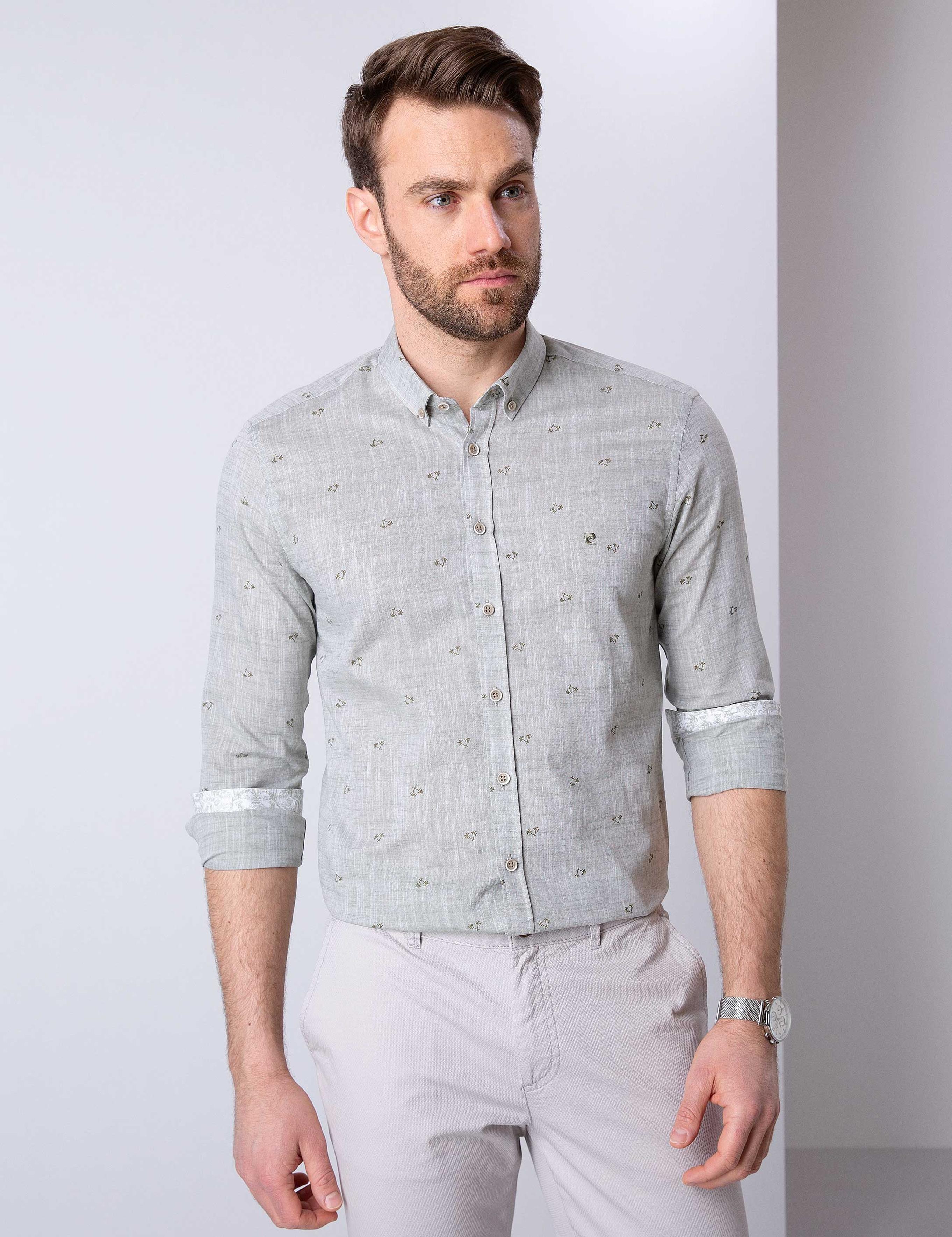 Haki Slim Fit Uzun Kollu Gömlek