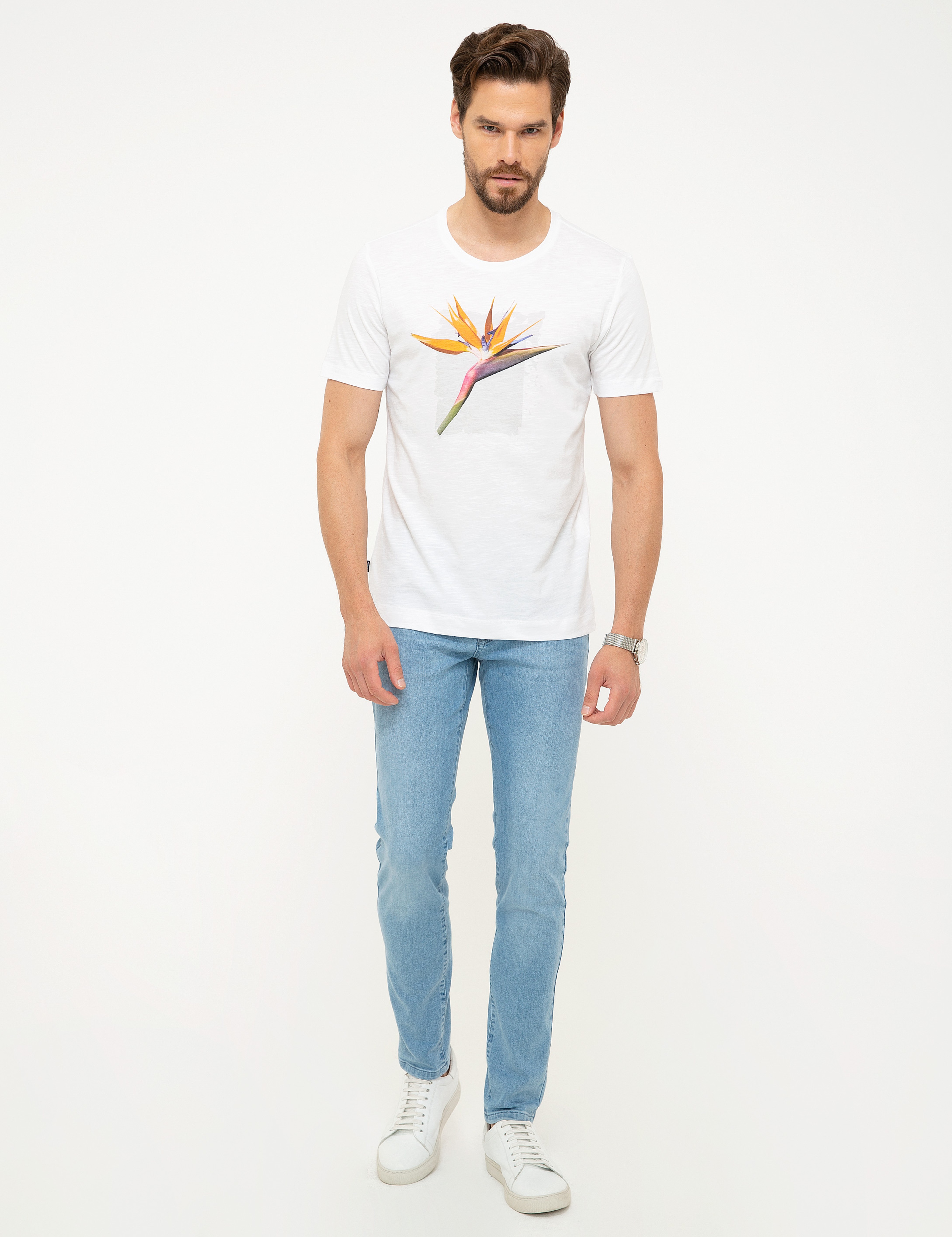 Beyaz Slim Fit Bisiklet Yaka T-Shirt - Image 4