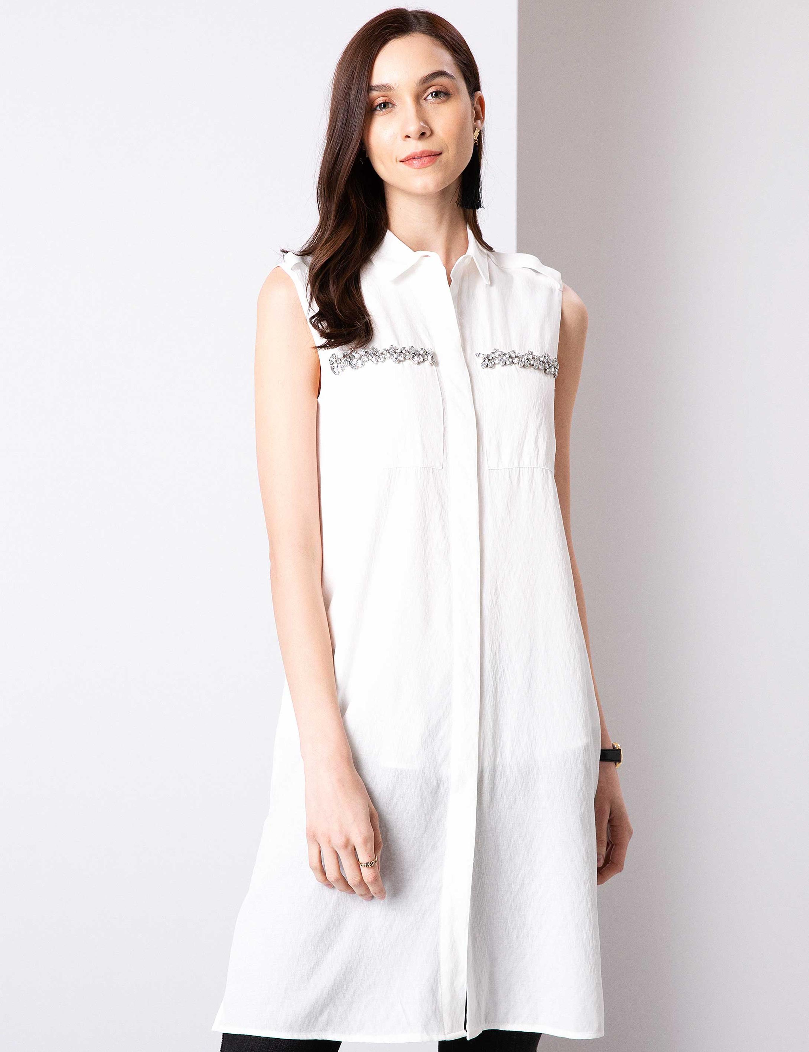 Ekru Uzun Kolsuz Gömlek