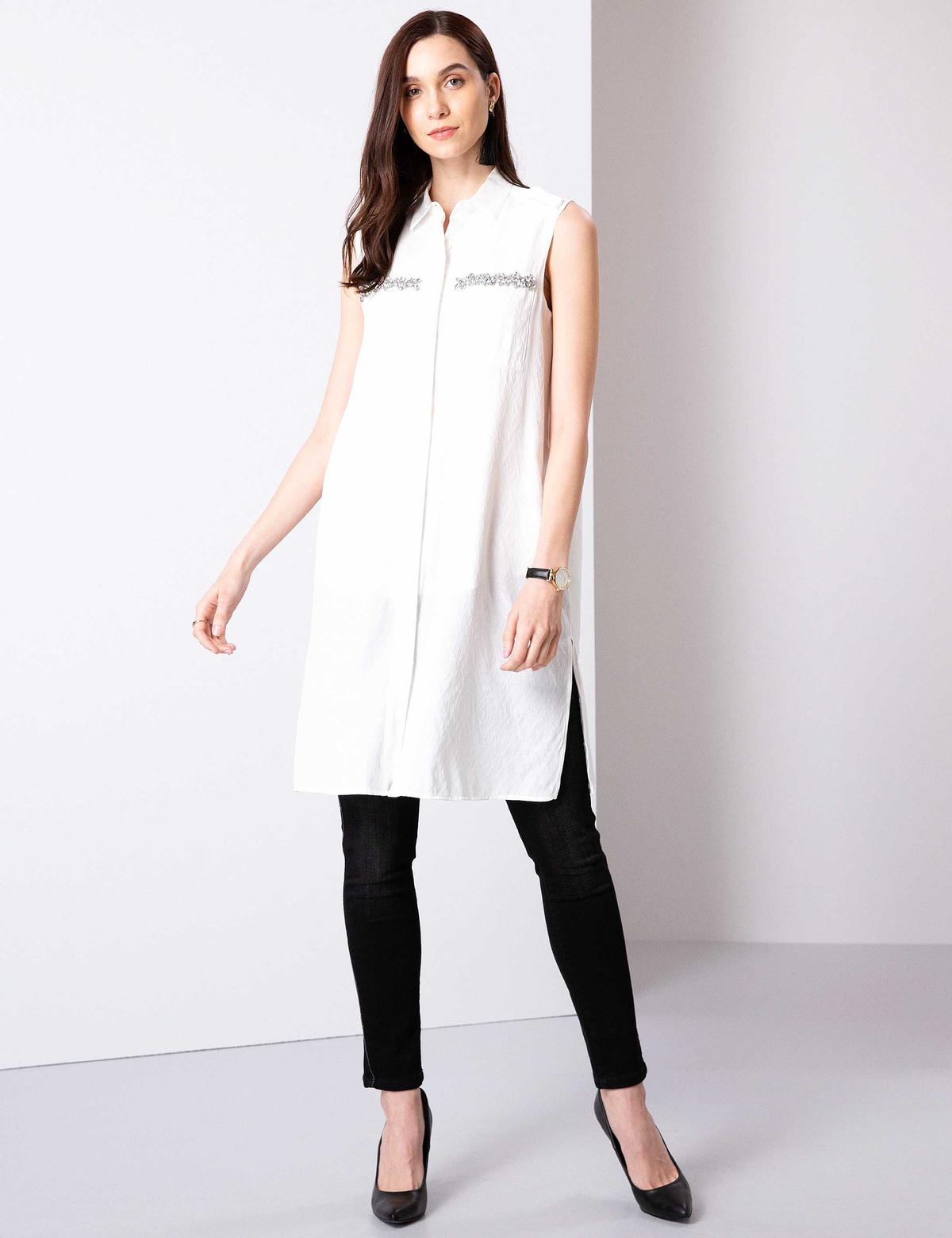 Ekru Uzun Kolsuz Gömlek - 50204279004