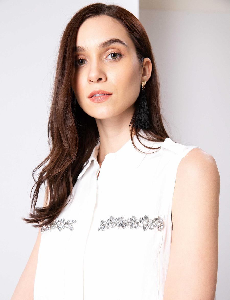 Ekru Uzun Kolsuz Gömlek