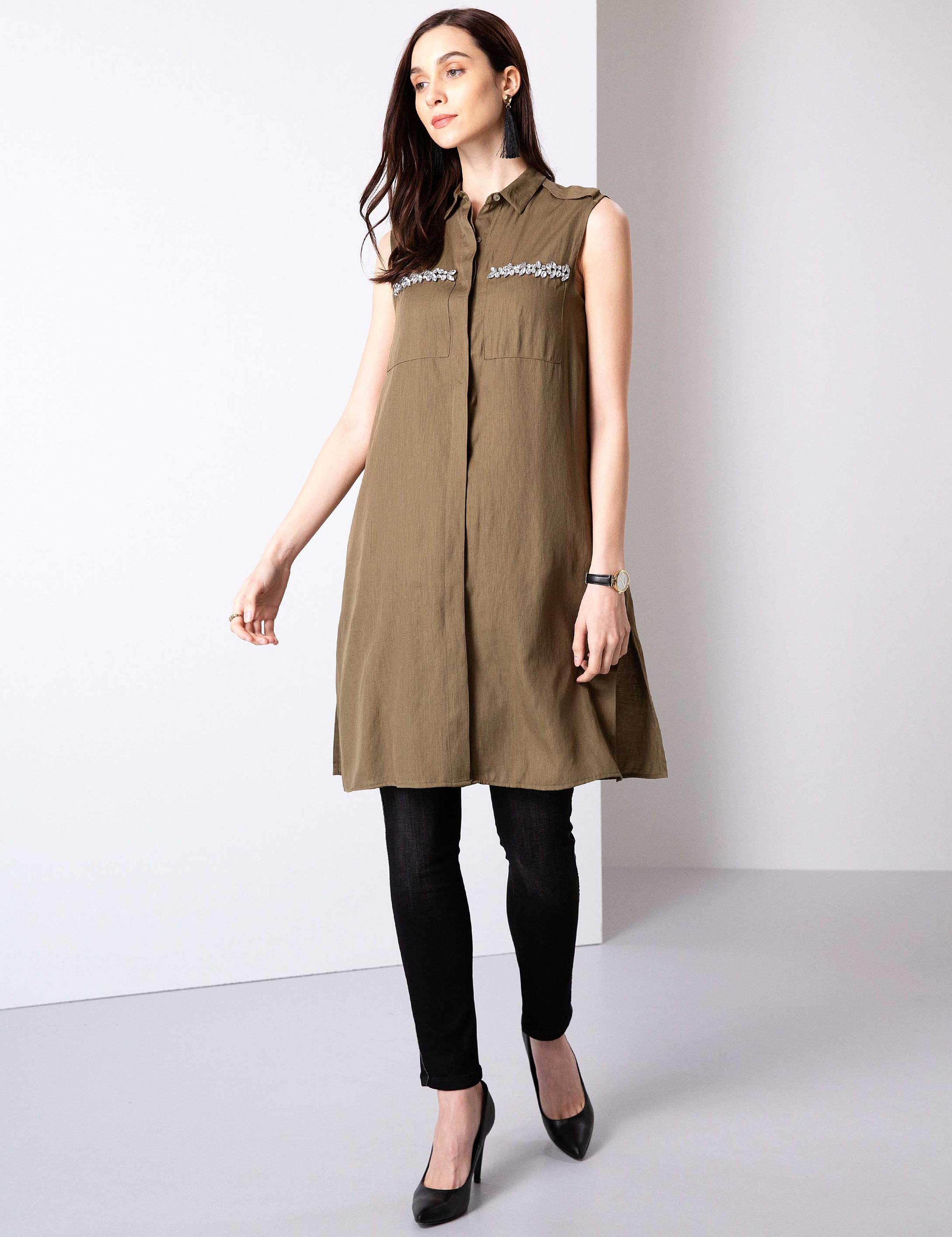 Haki Uzun Kolsuz Gömlek