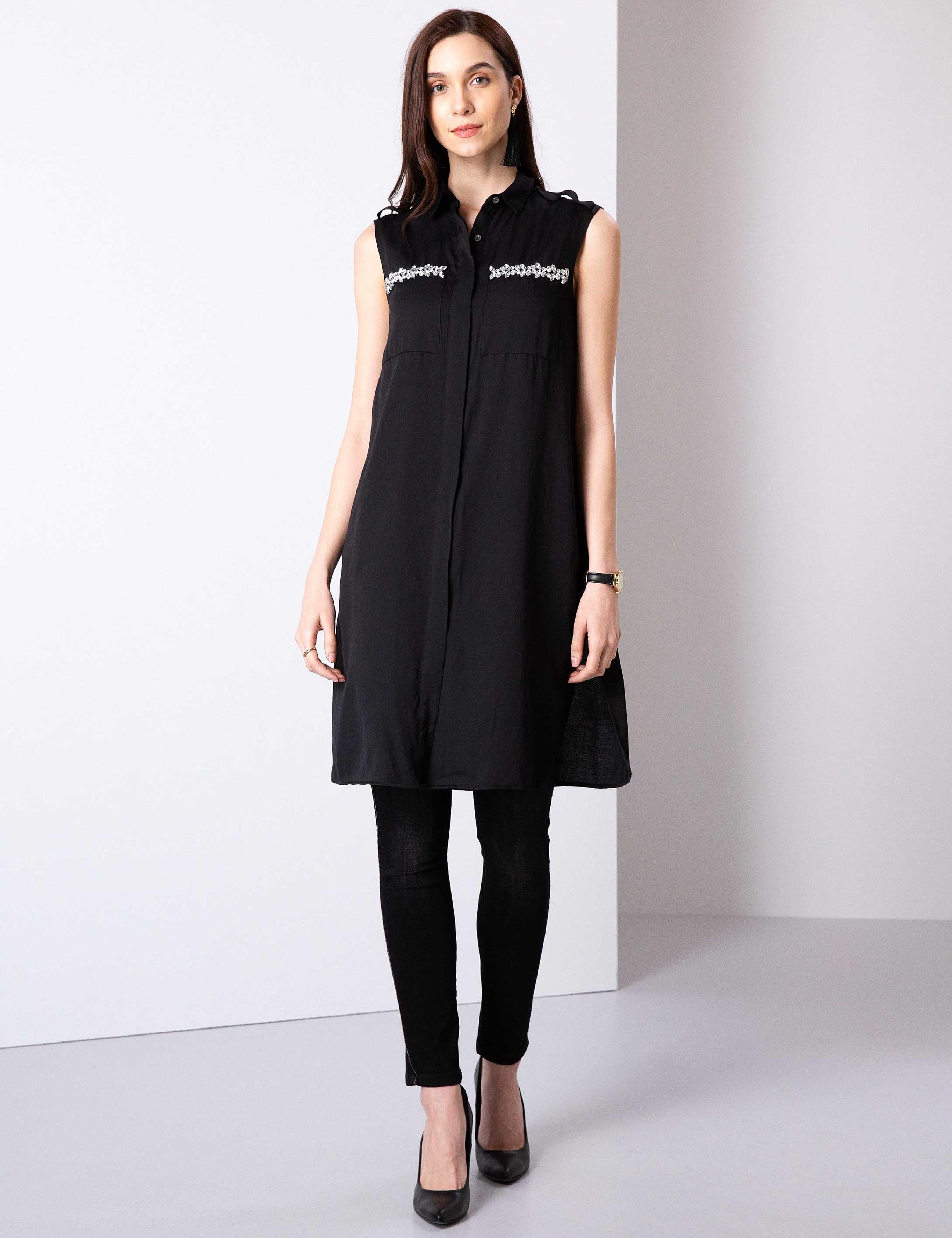 Siyah Uzun Kolsuz Gömlek