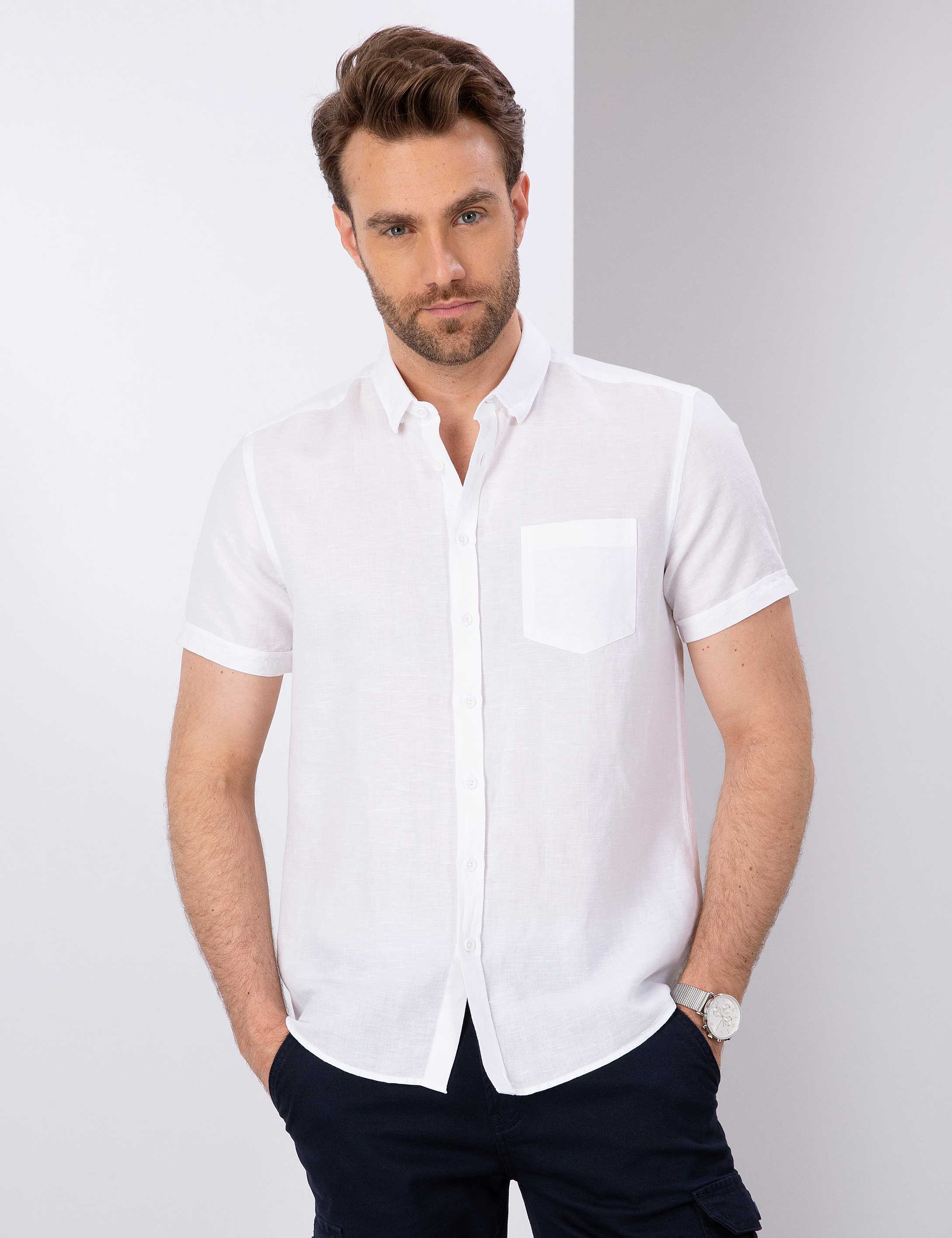Beyaz Slim Fit Kısa Kollu Gömlek - Image 2