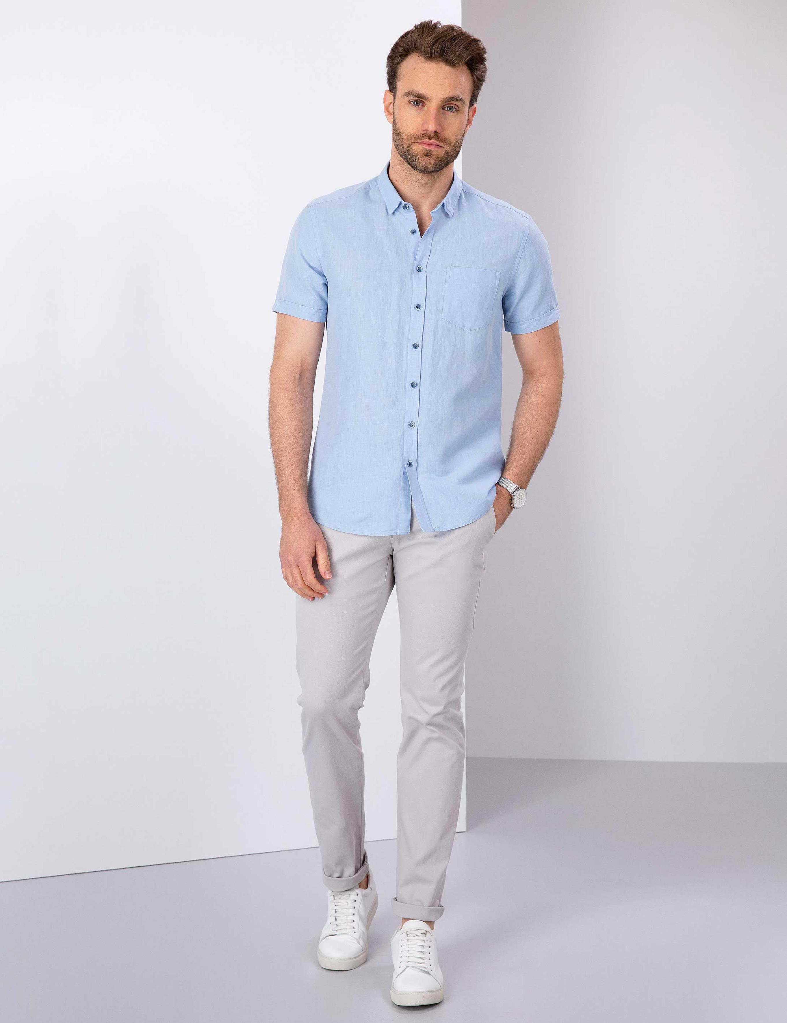 Açık Mavi Slim Fit Kısa Kollu Gömlek