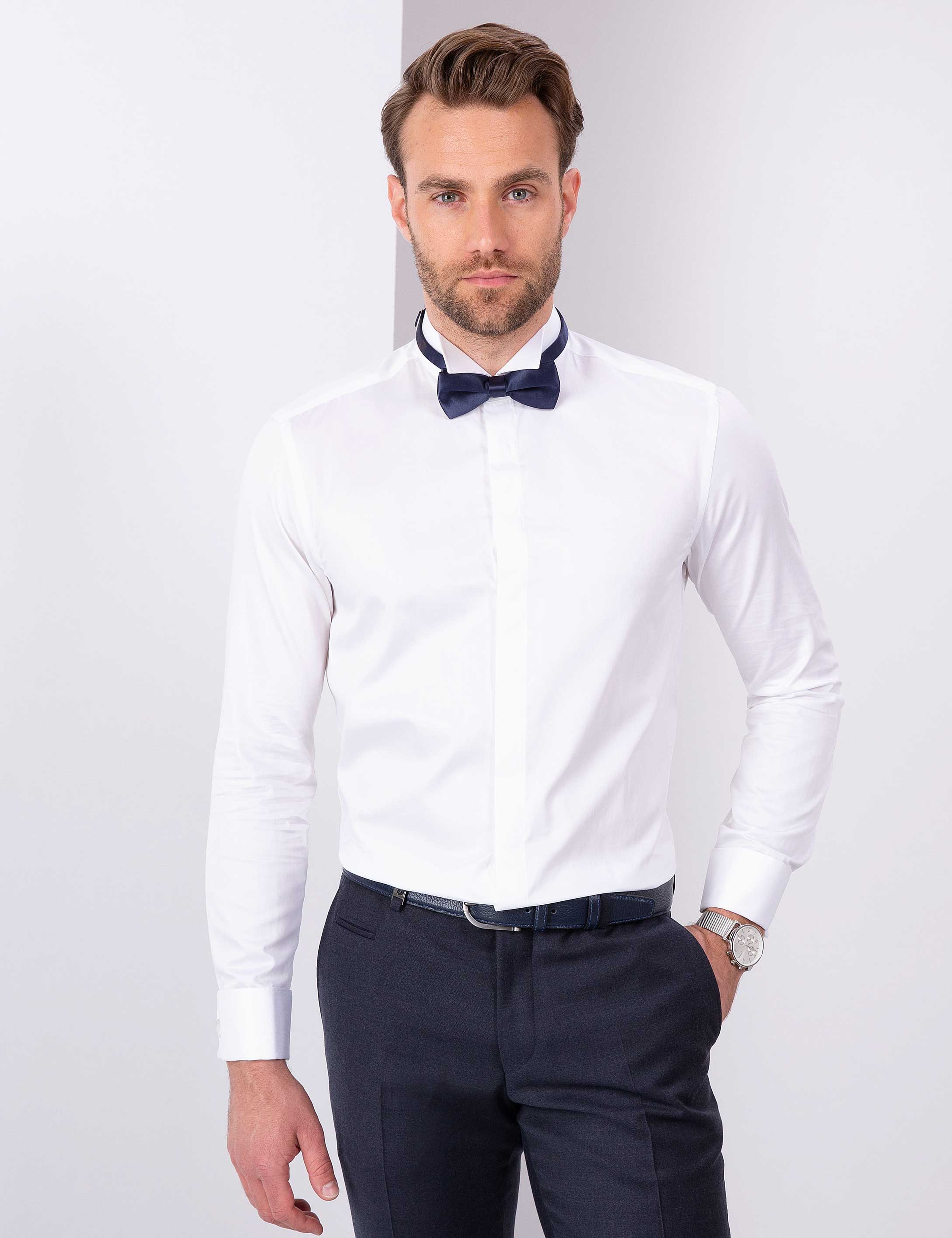 Beyaz Slim Fit Smokin Gömlek - Image 1
