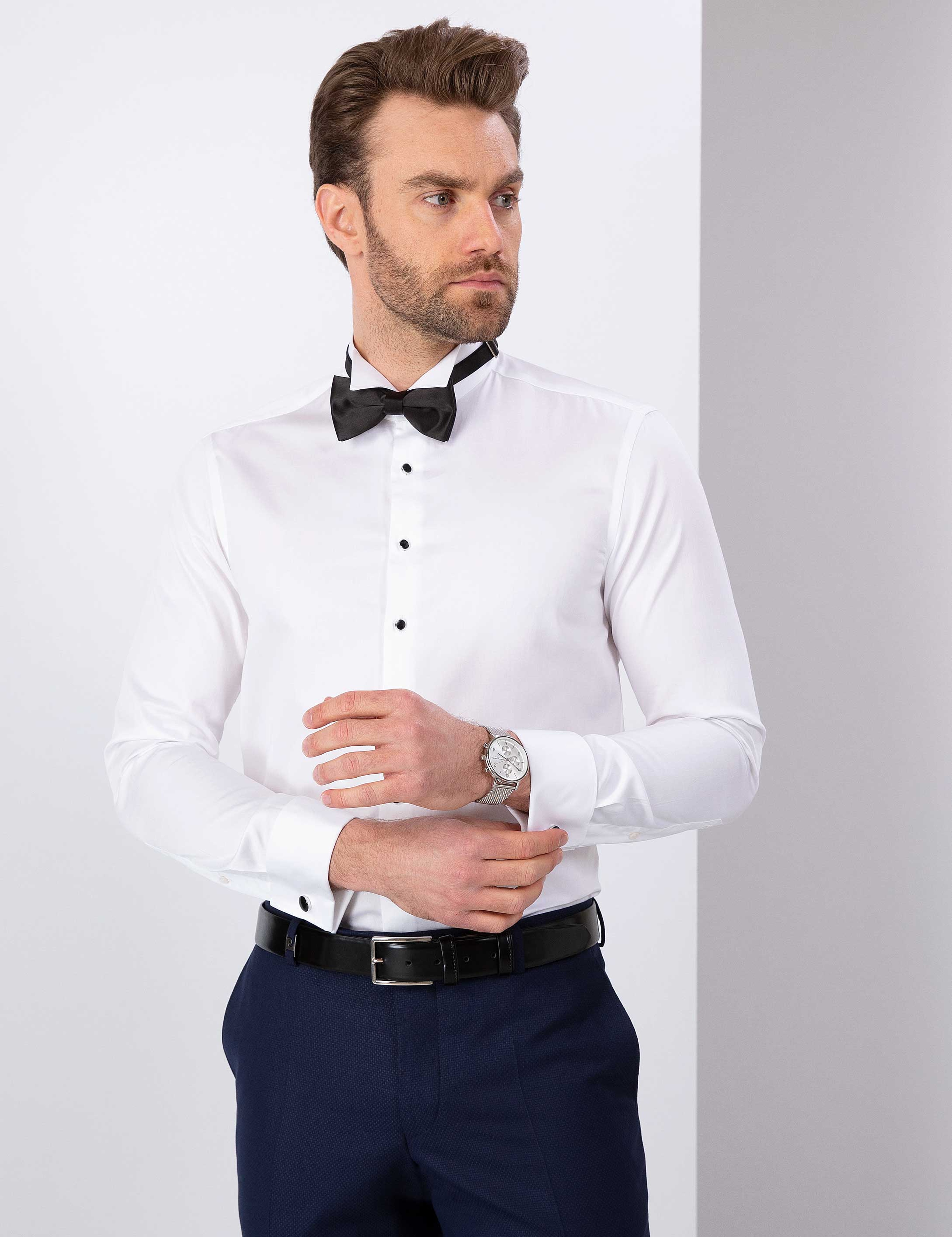 Beyaz Slim Fit Smokin Gömlek - Image 1