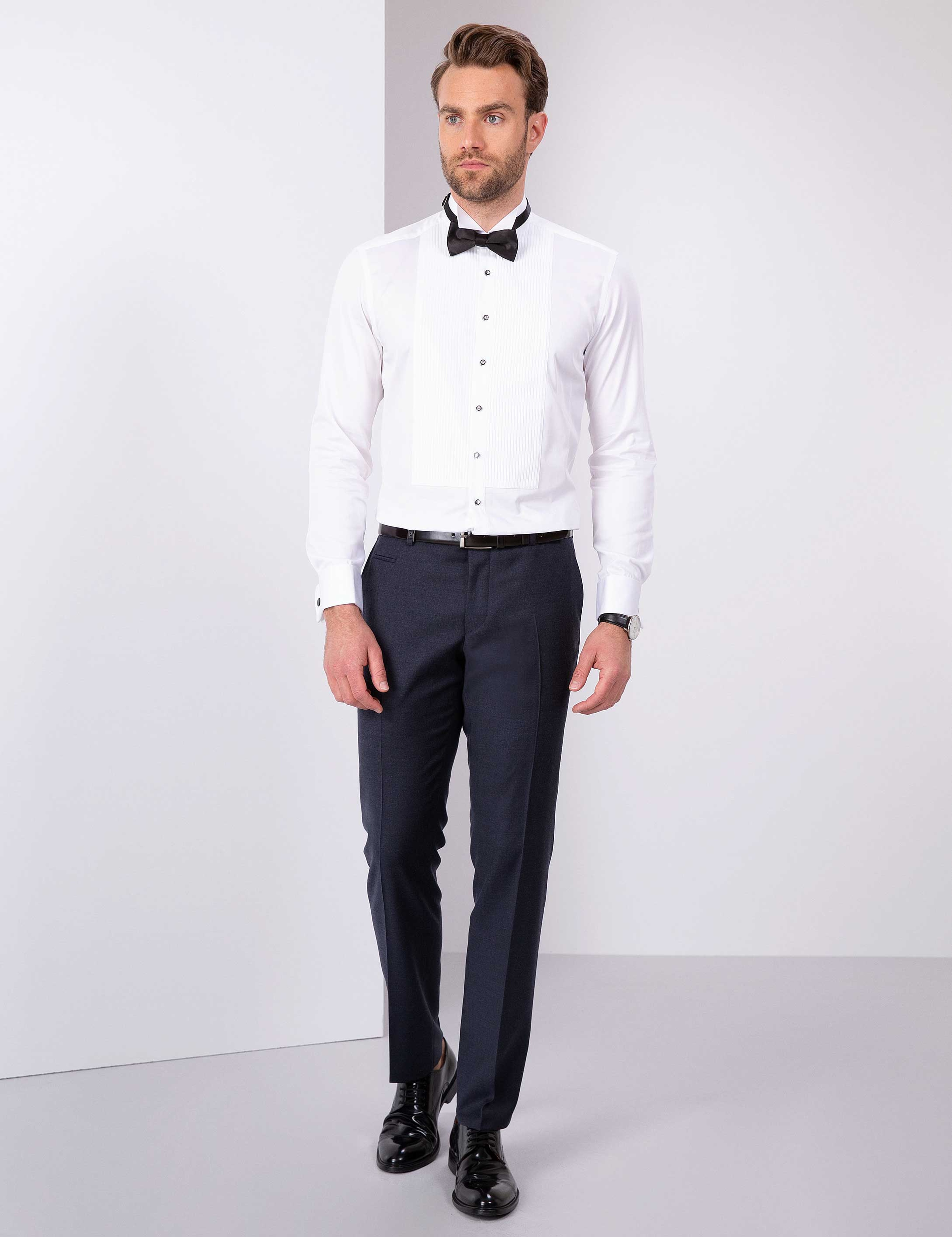Beyaz Slim Fit Smokin Gömlek - Image 4