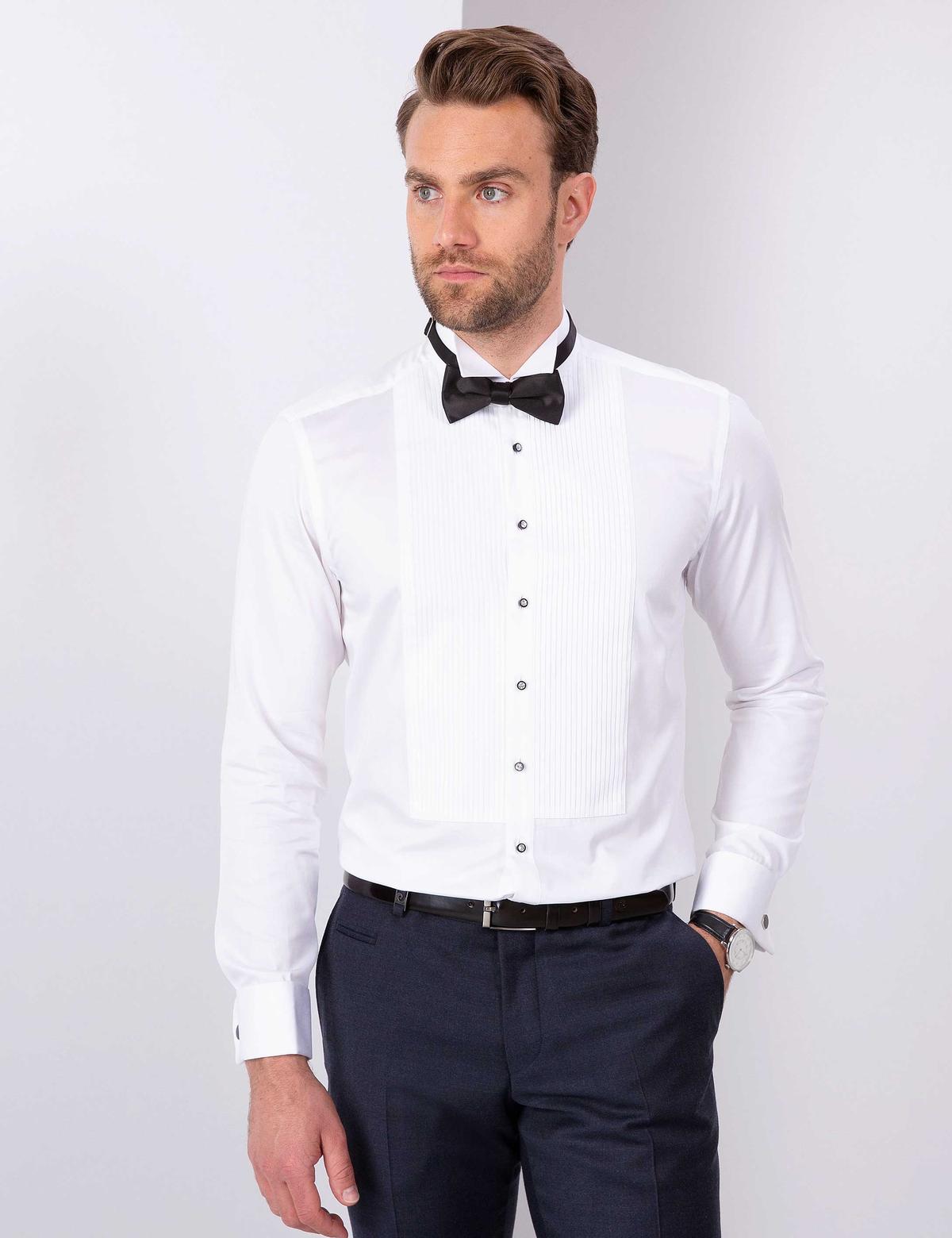 Beyaz Slim Fit Smokin Gömlek