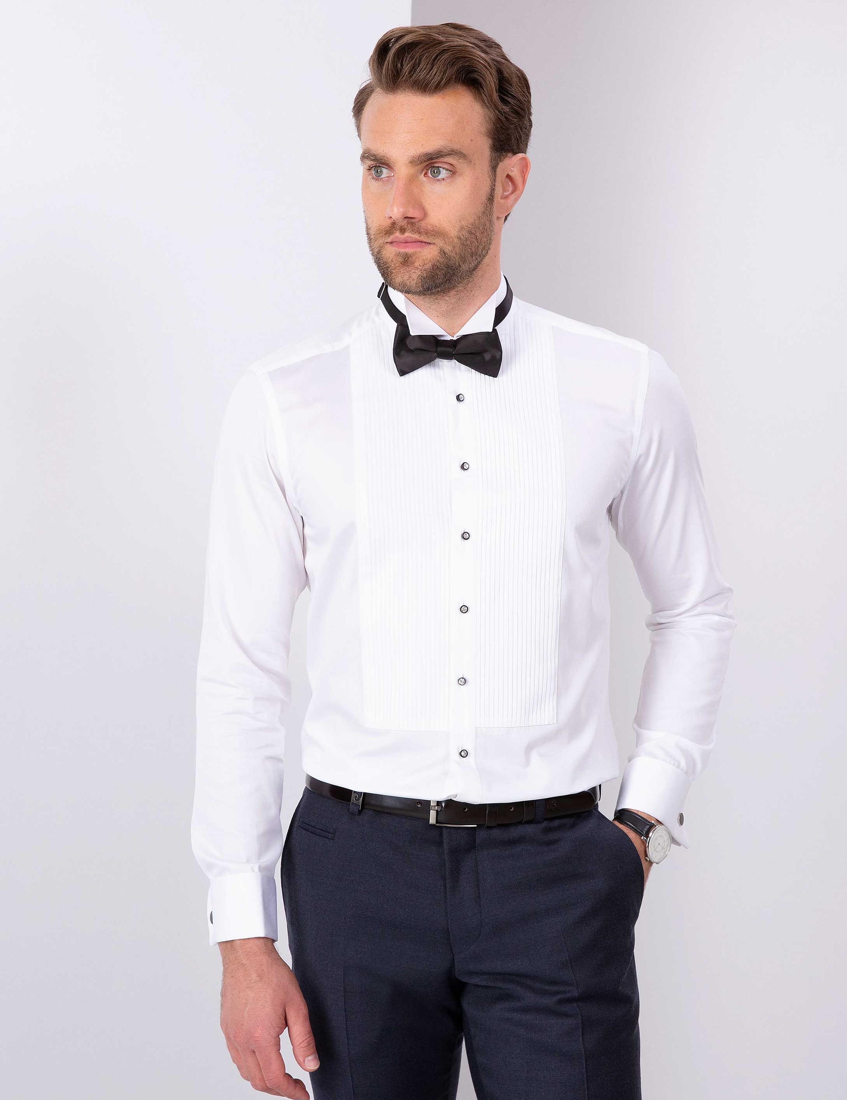 Beyaz Slim Fit Smokin Gömlek