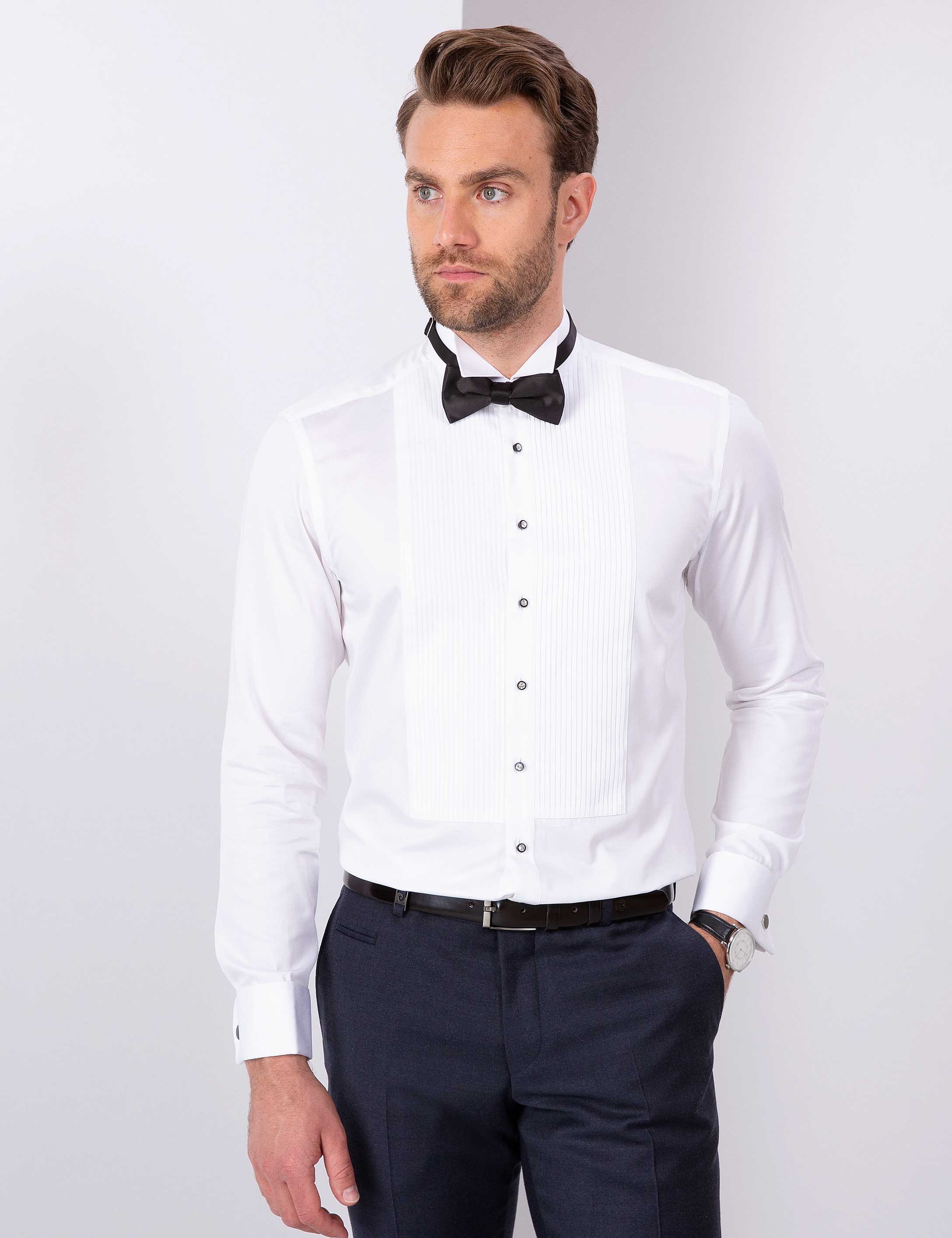 Beyaz Slim Fit Smokin Gömlek