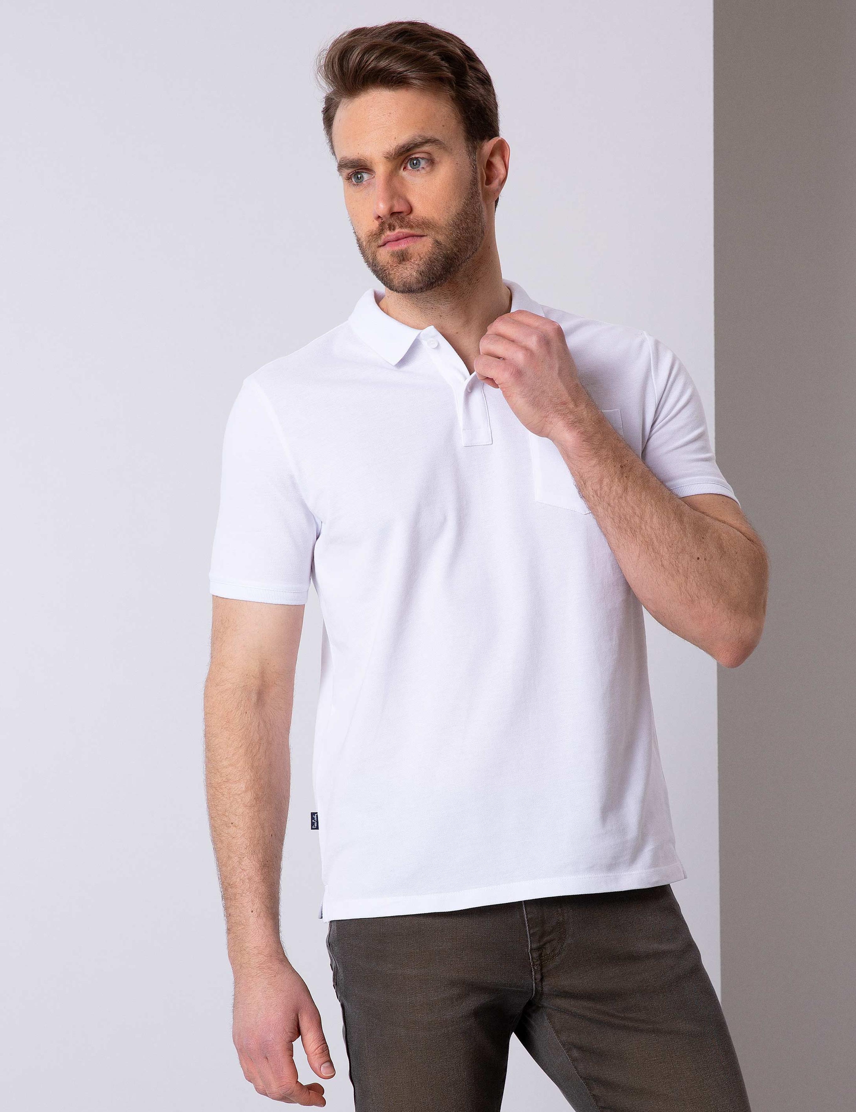 Beyaz Regular Fit Polo Yaka Basic Tişört