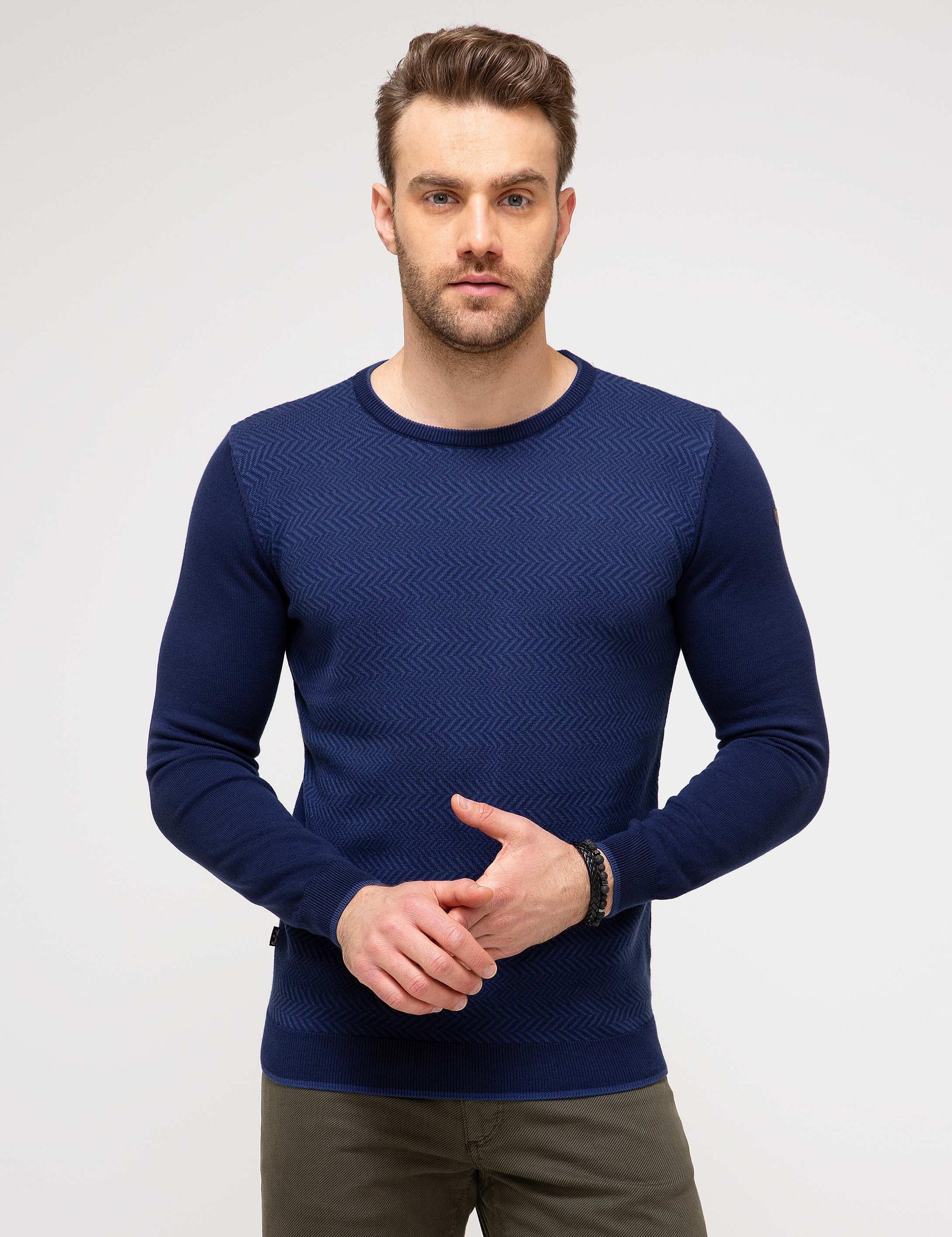 Lacivert Slim Fit Bisiklet Yaka Triko Kazak