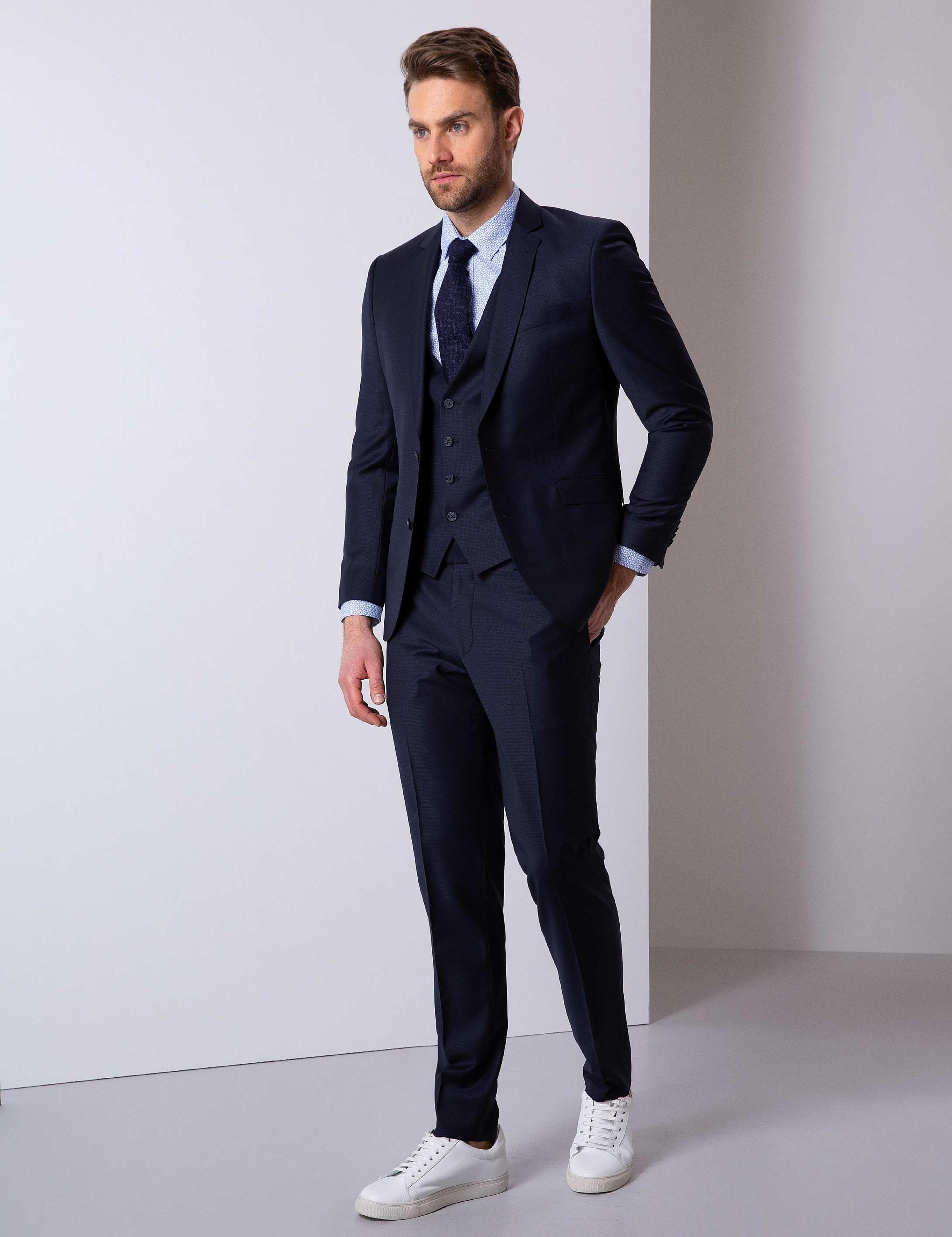 Lacivert Ekstra Slim Fit Yelekli Takım Elbise