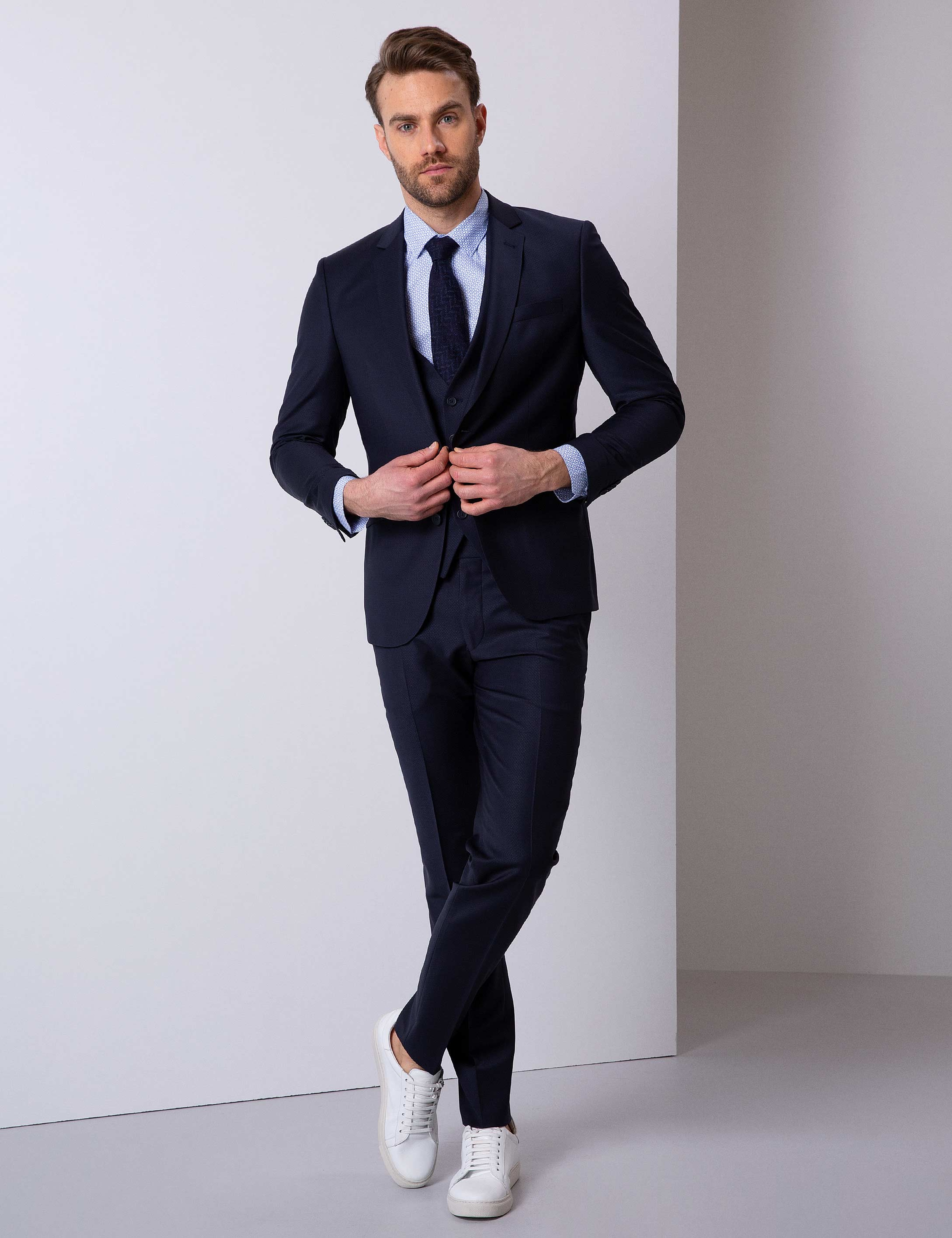 Lacivert Ekstra Slim Fit Yelekli Takım Elbise