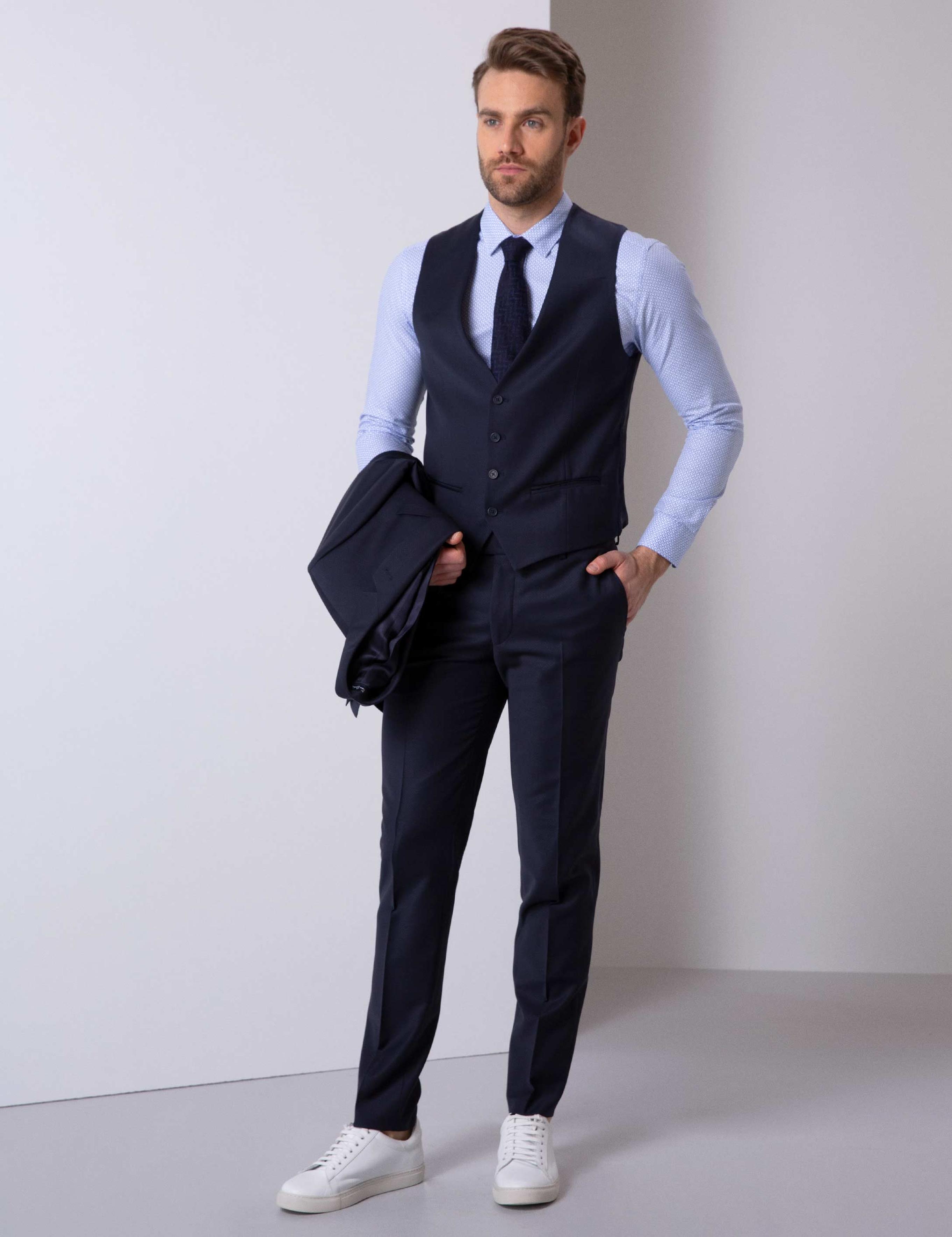 Lacivert Ekstra Slim Fit Yelekli Takım Elbise