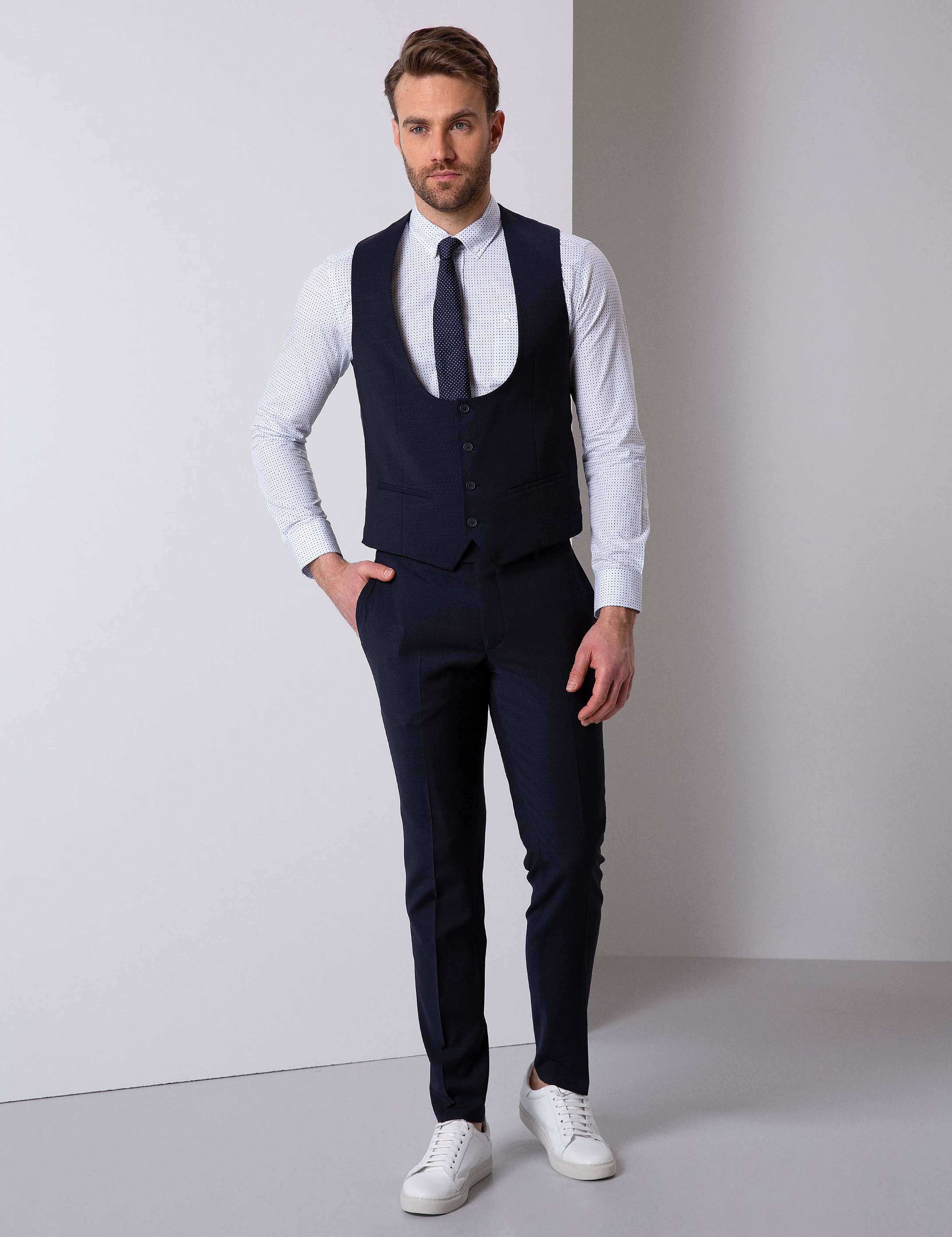 Lacivert Ekstra Slim Fit Yelekli Takım Elbise