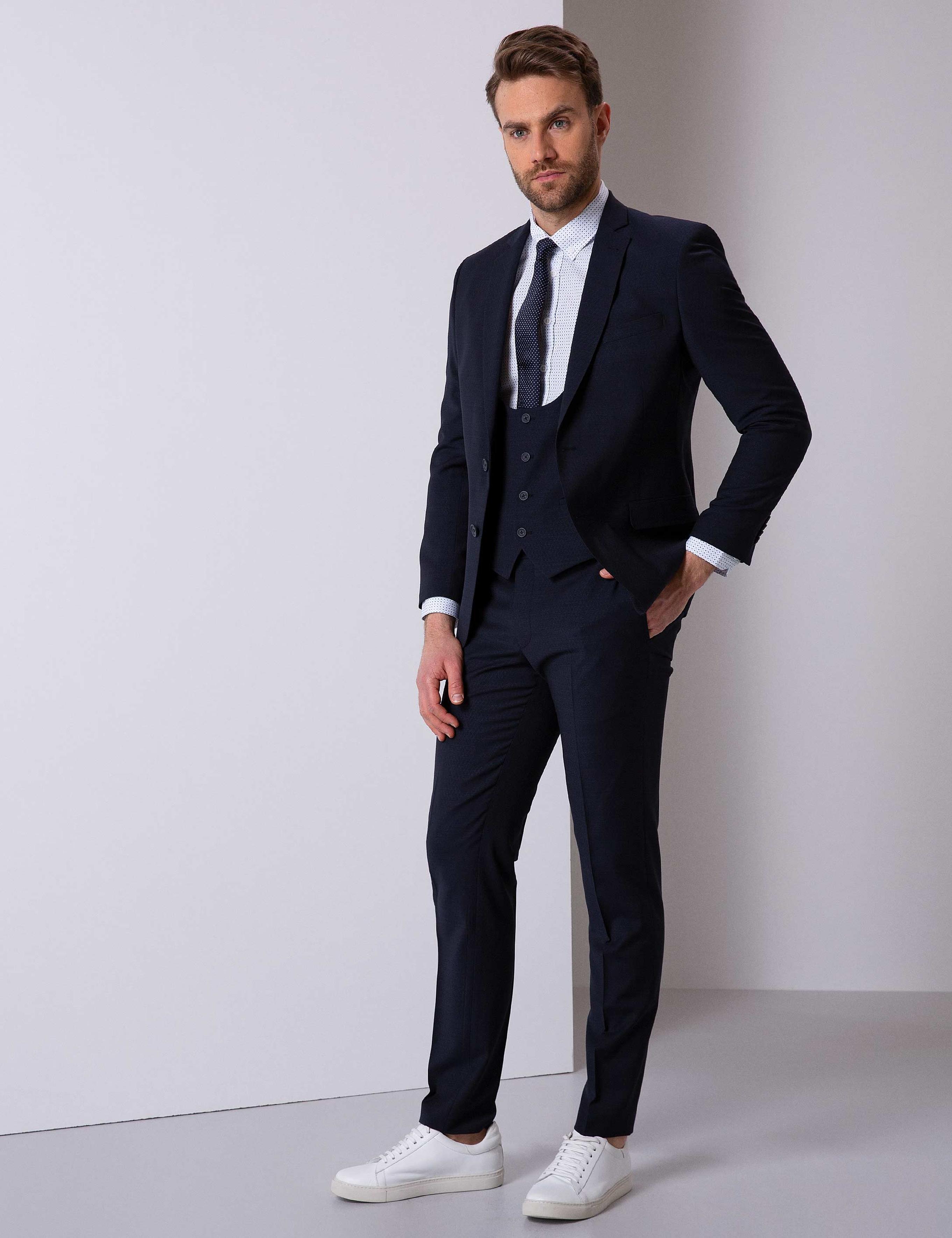 Lacivert Ekstra Slim Fit Yelekli Takım Elbise