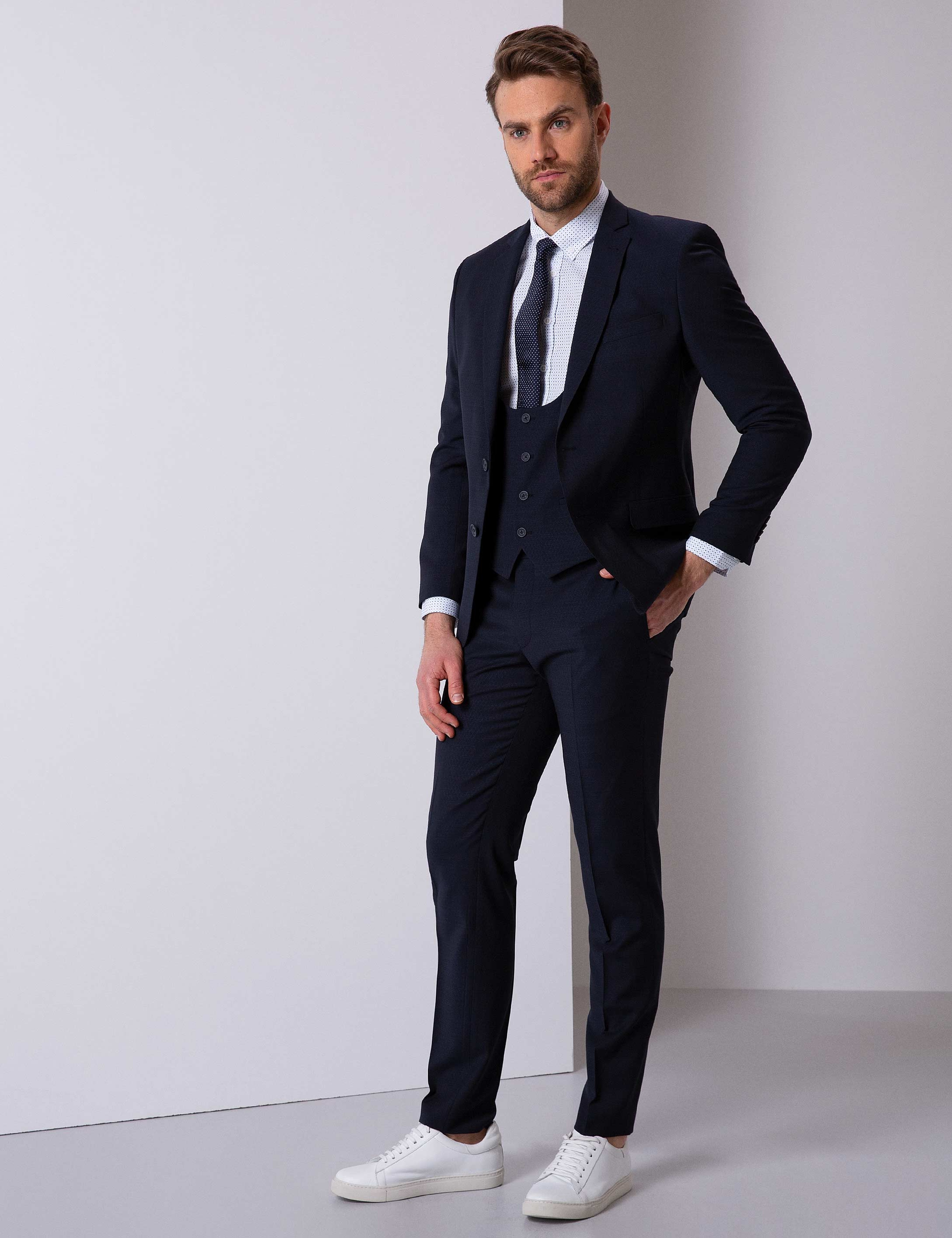 Lacivert Ekstra Slim Fit Yelekli Takım Elbise - Image 3