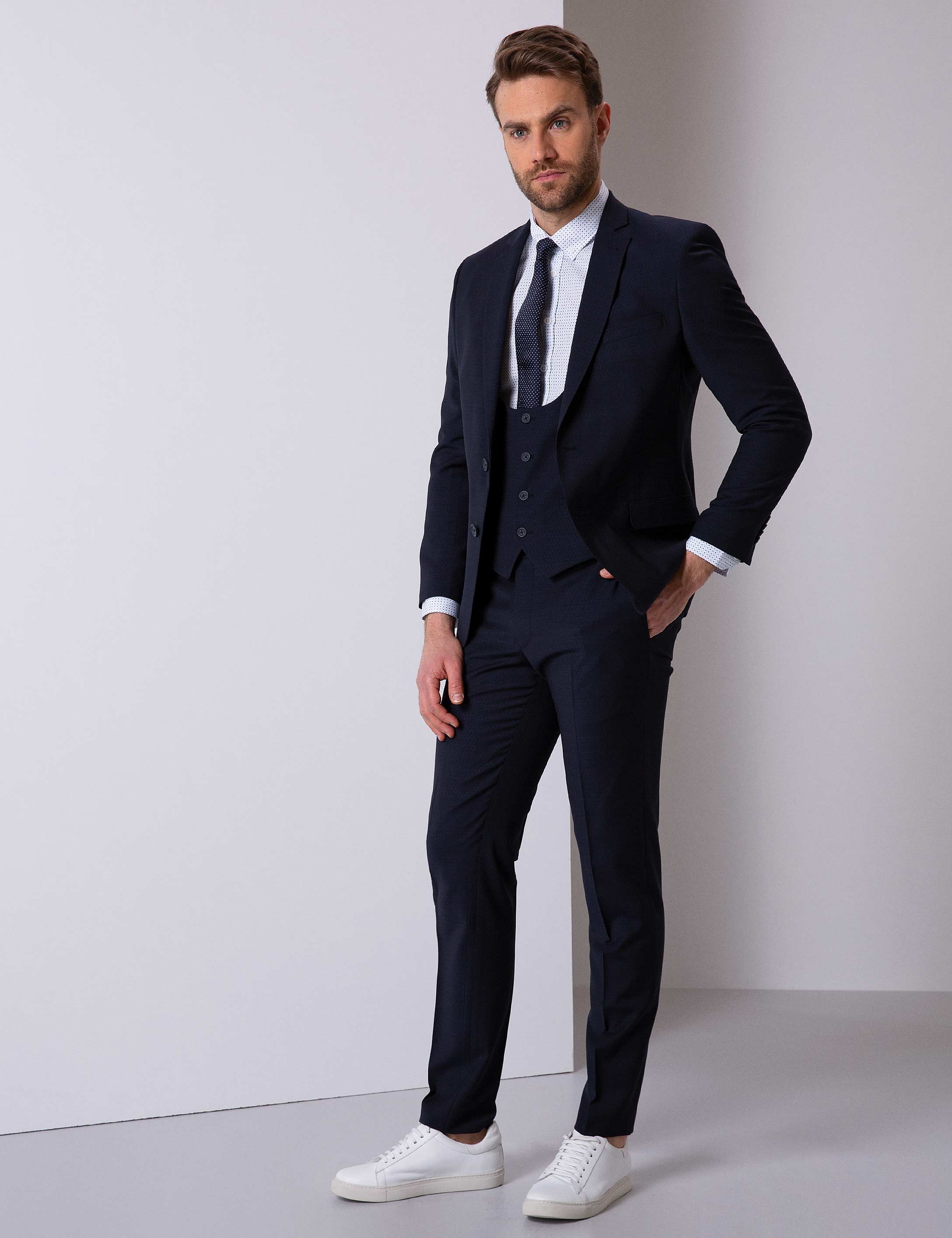 Lacivert Ekstra Slim Fit Yelekli Takım Elbise