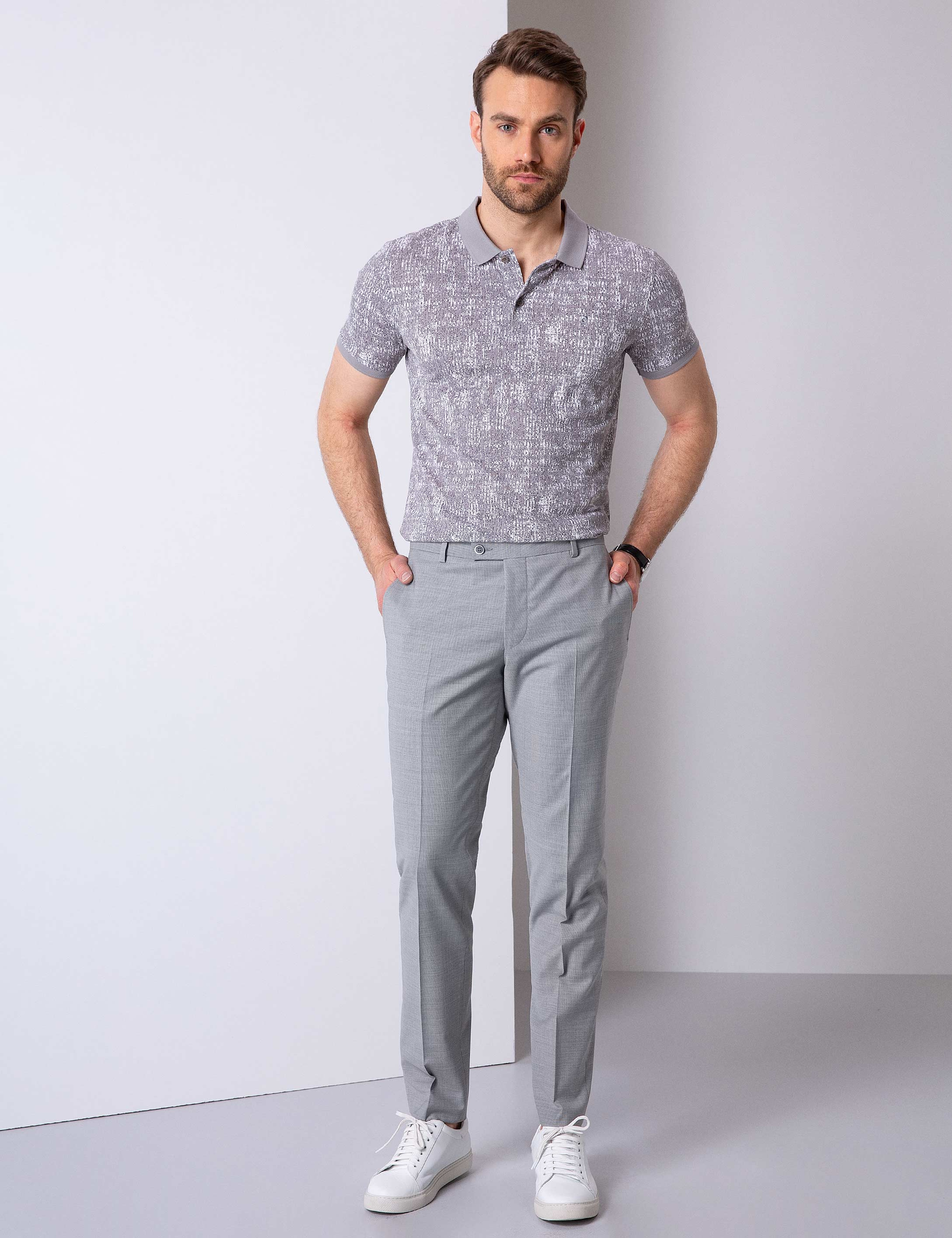 Gri Slim Fit Polo Yaka T-Shirt - Image 2