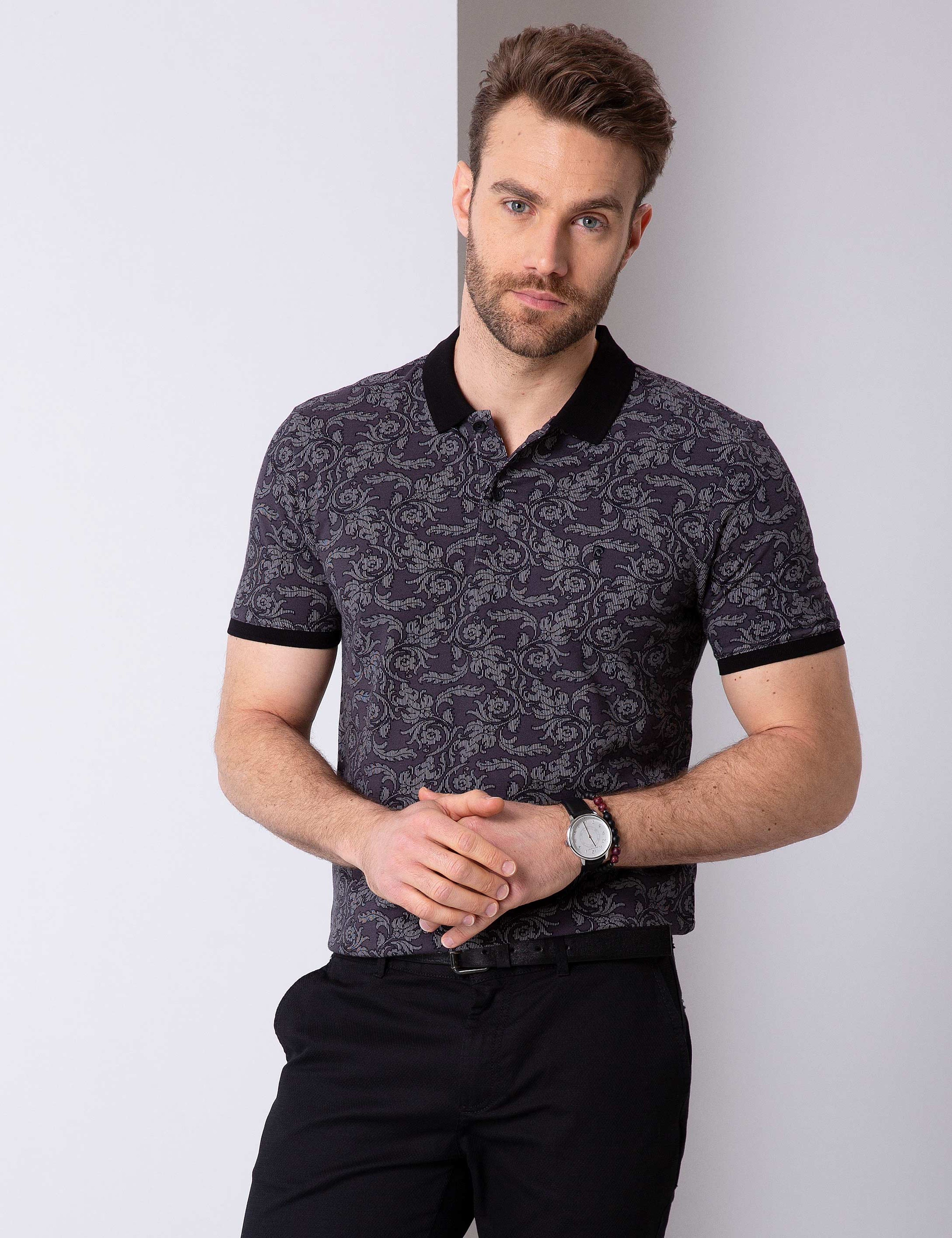 Siyah Slim Fit Polo Yaka T-Shirt - Image 2
