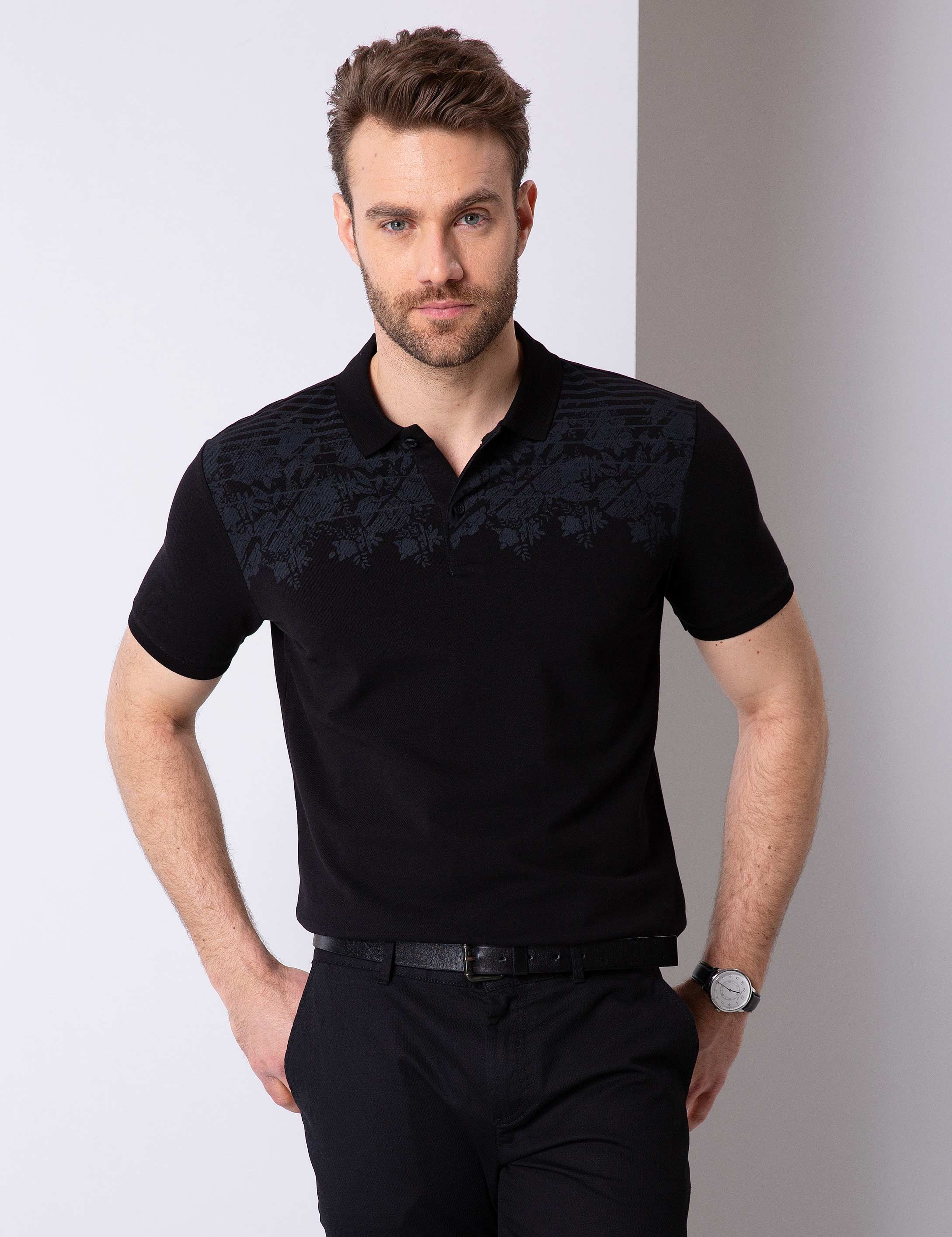 Siyah Slim Fit Polo Yaka T-Shirt - Image 2