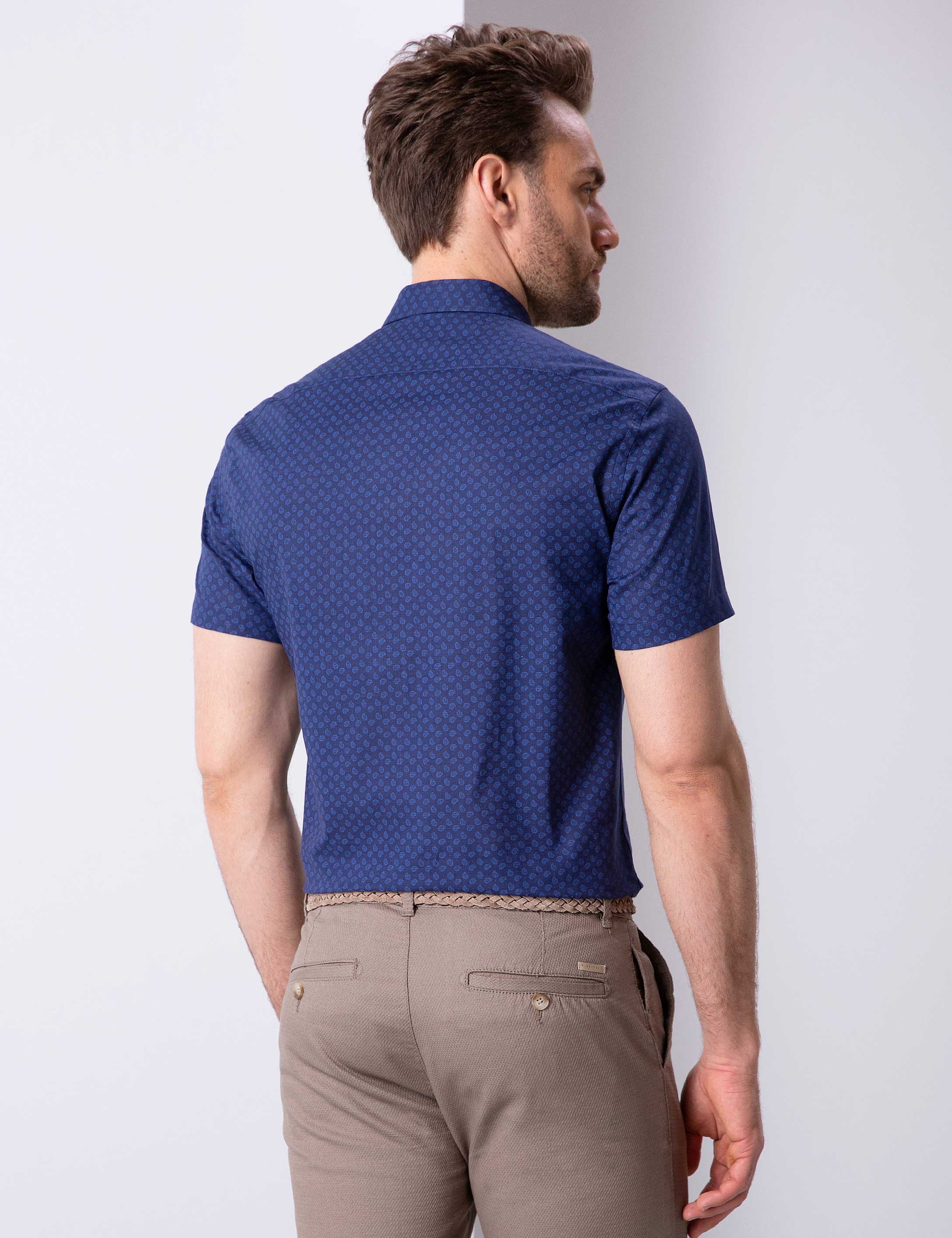 Lacivert Slim Fit Kısa Kollu Gömlek