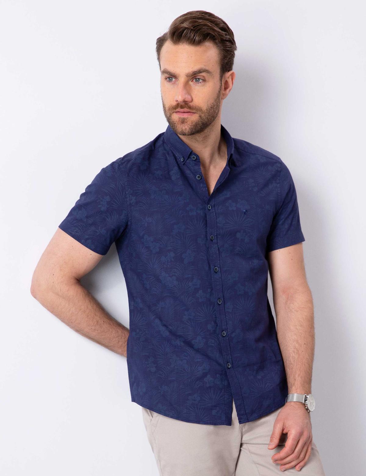 Lacivert Slim Fit Kısa Kollu Gömlek