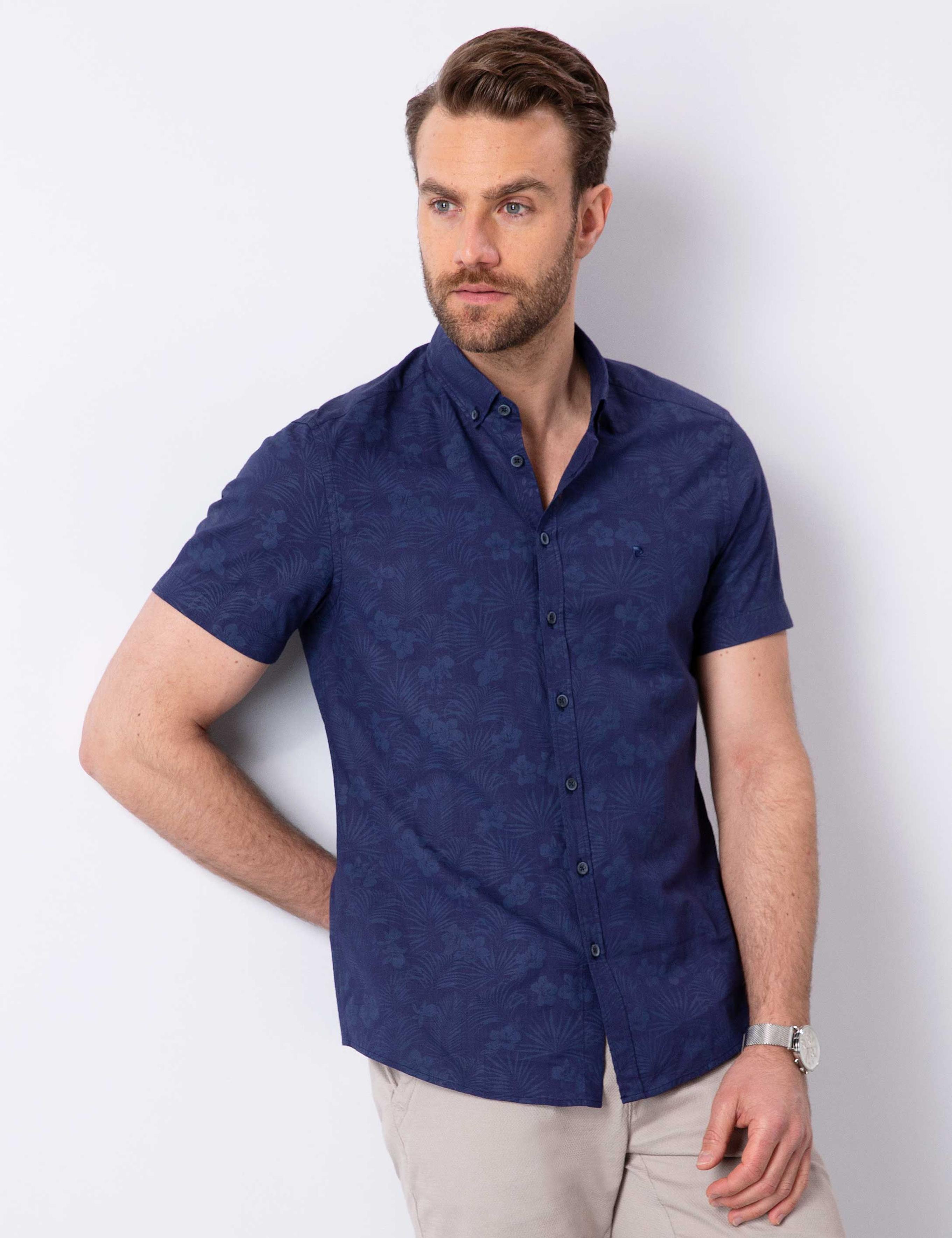 Lacivert Slim Fit Kısa Kollu Gömlek