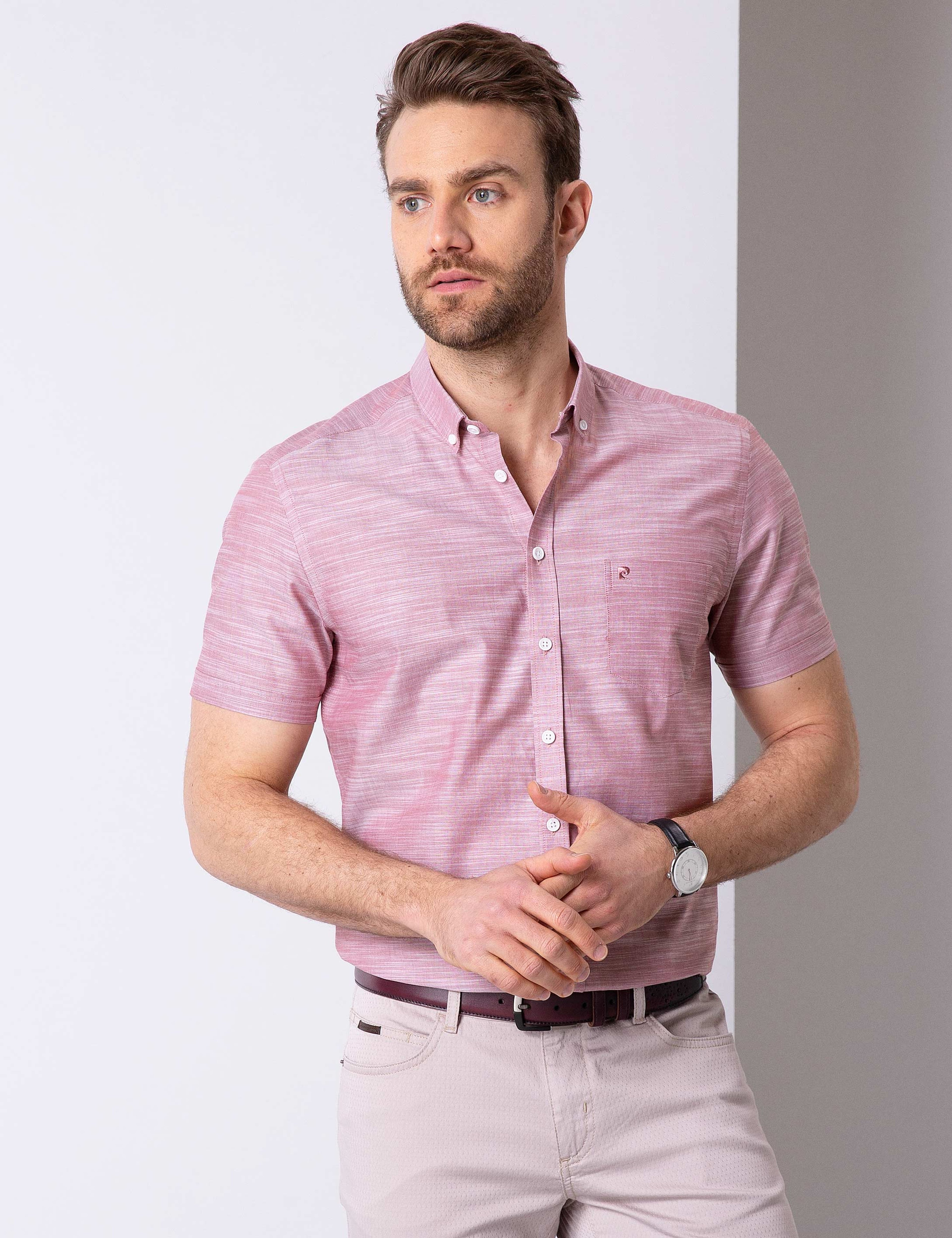 Pembe Regular Fit Kısa Kollu Gömlek - Image 2