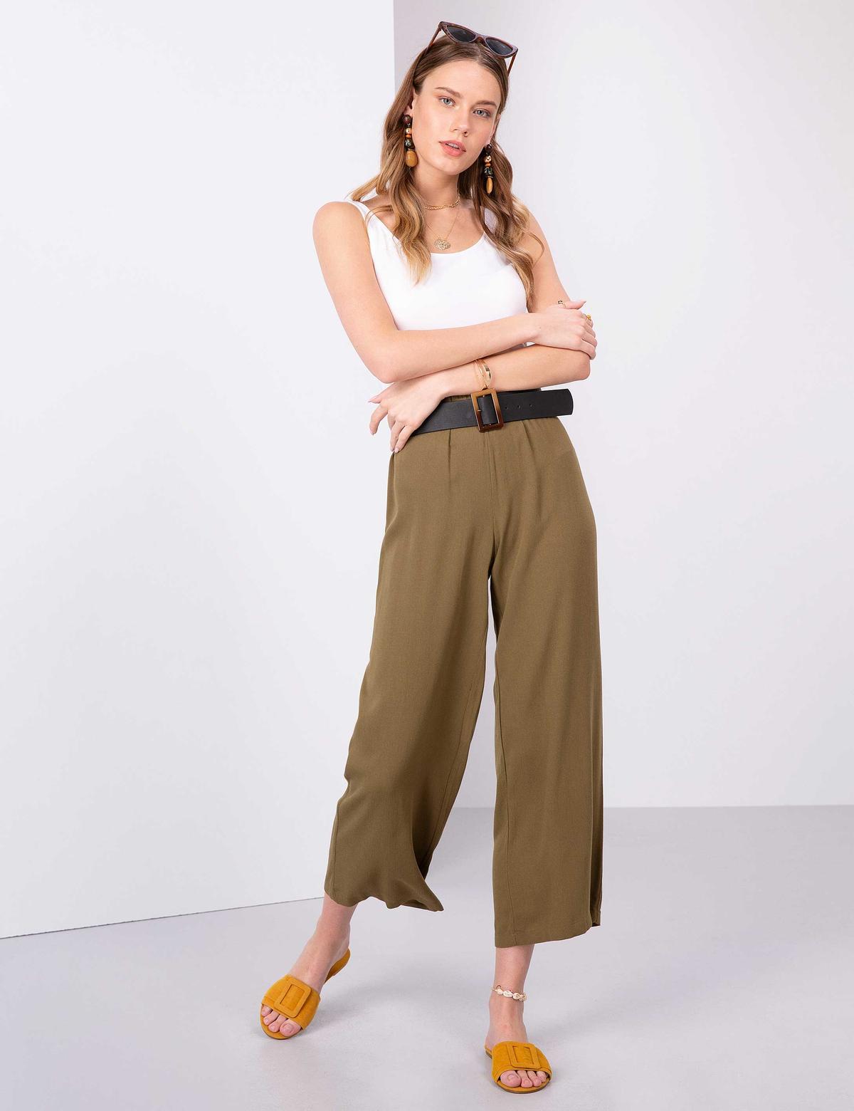 Haki Flare Fit Kumaş Pantolon