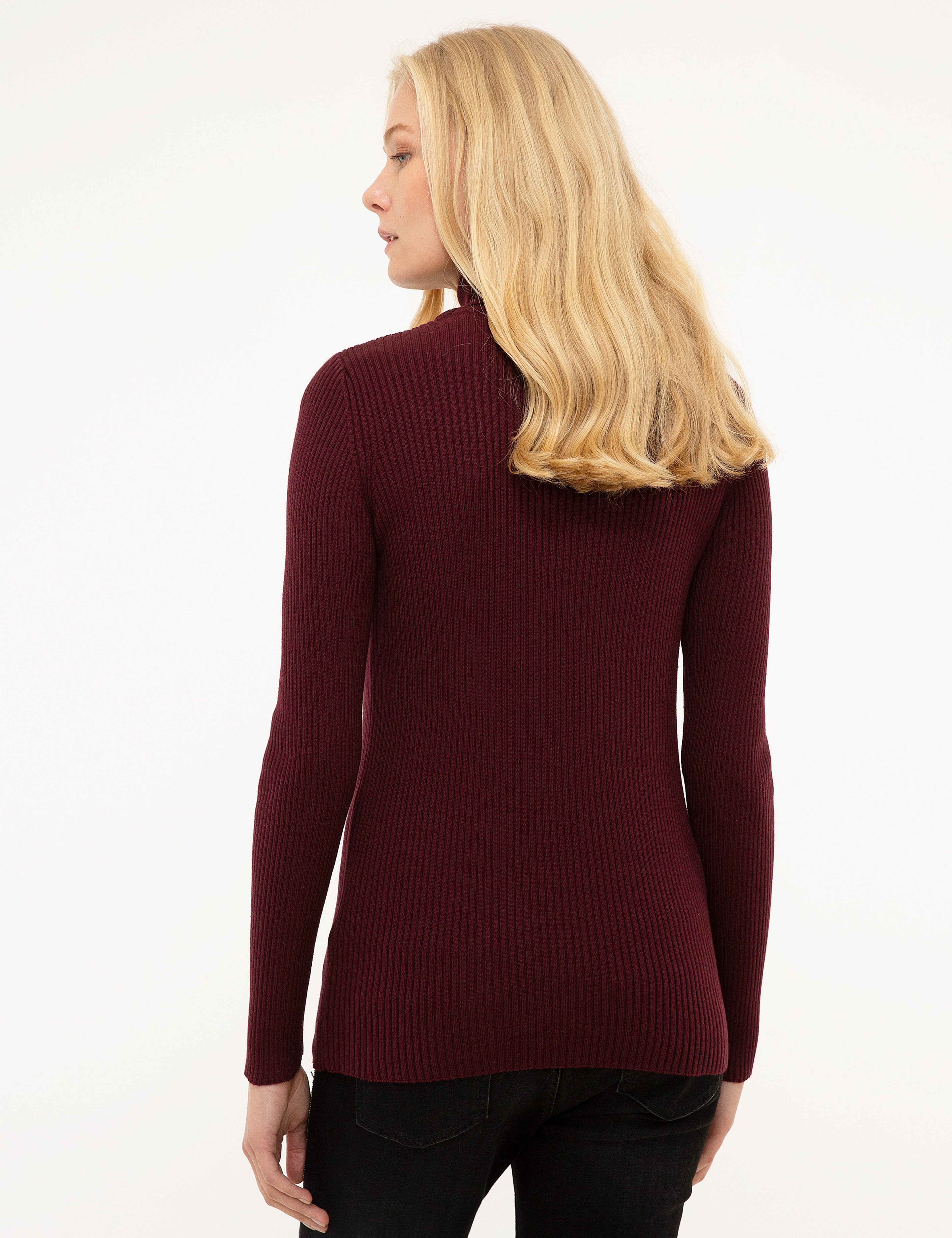 Bordo Slim Fit Balıkçı Yaka Triko Kazak