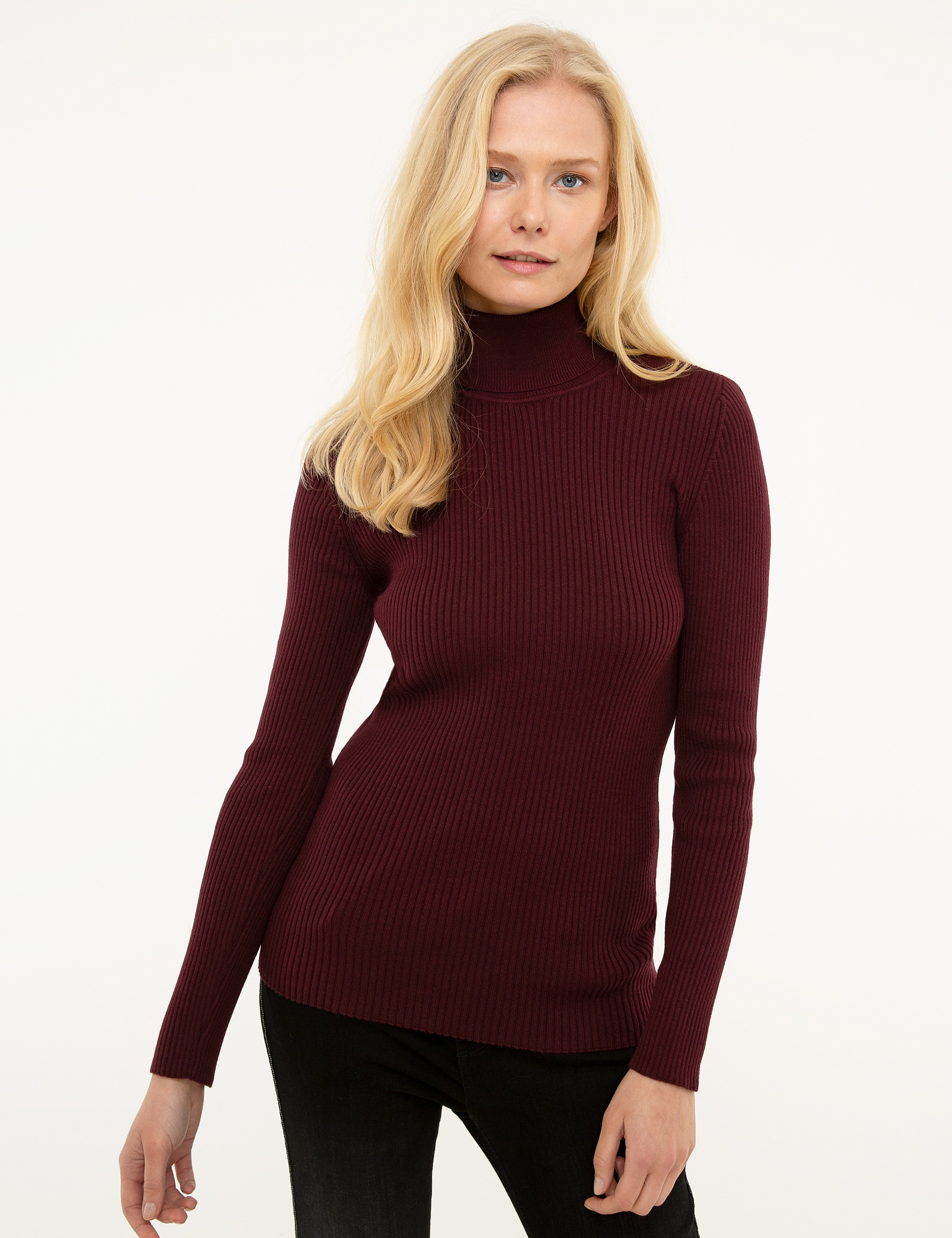 Bordo Slim Fit Balıkçı Yaka Triko Kazak - Image 2