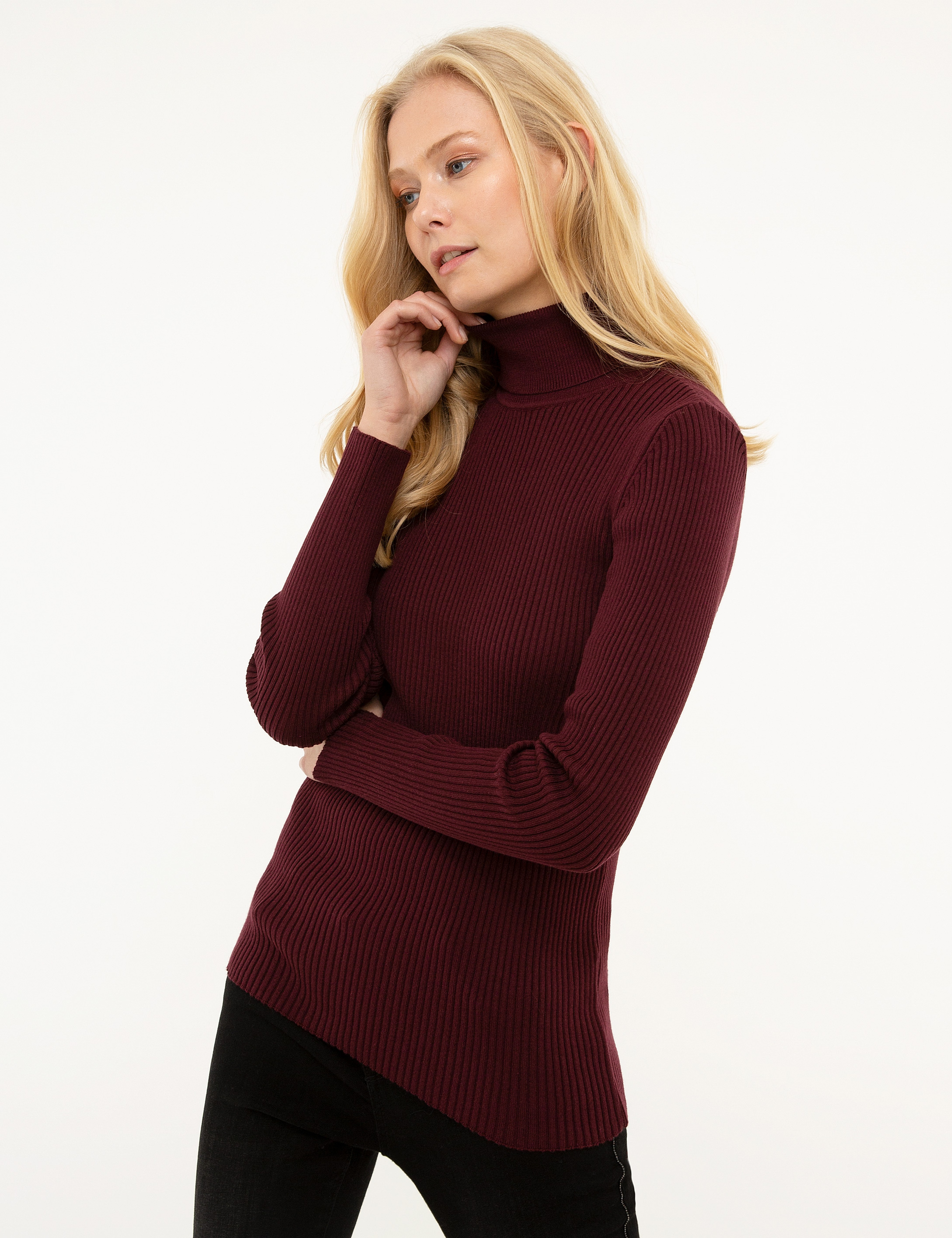 Bordo Slim Fit Balıkçı Yaka Triko Kazak - Image 3
