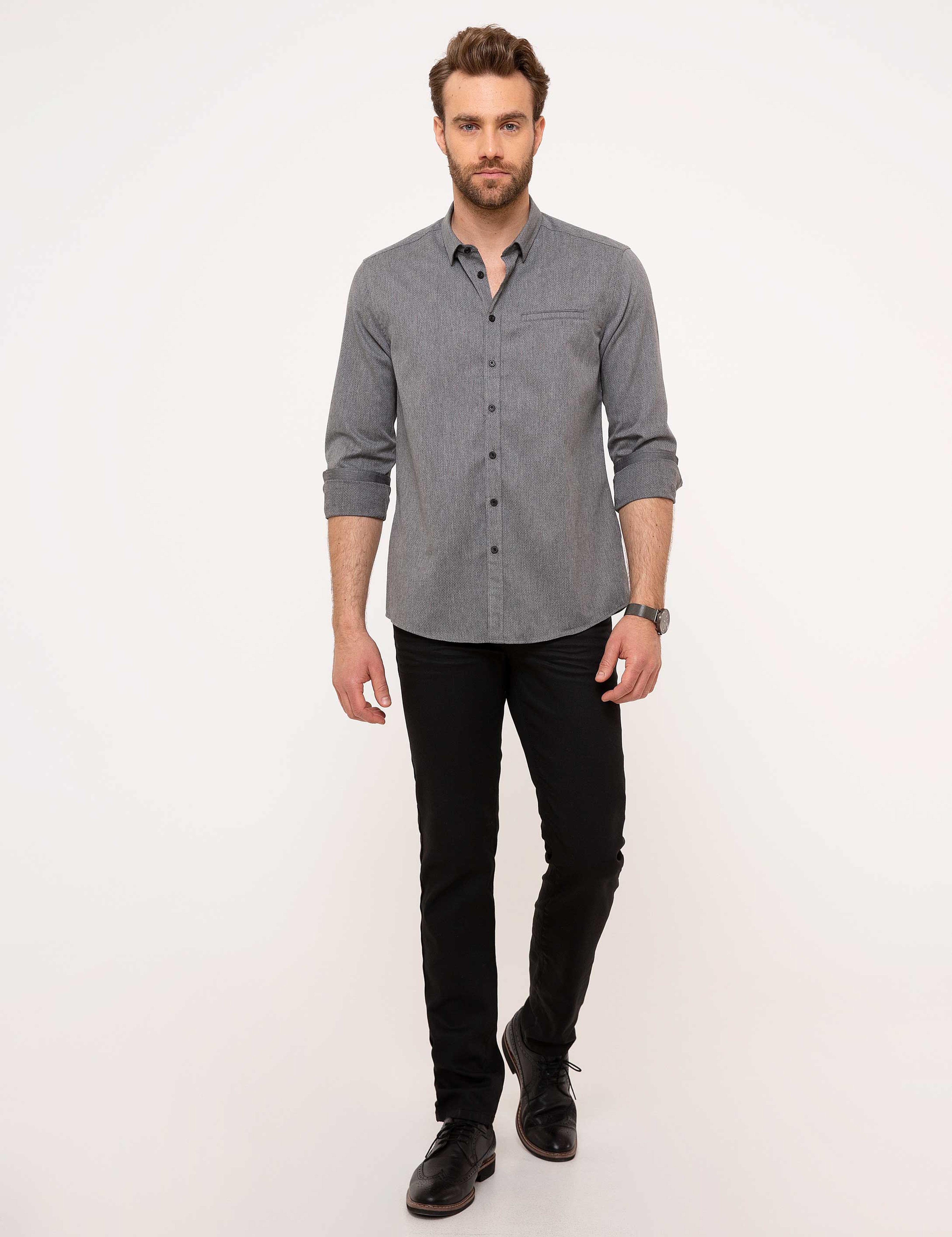 Gri Slim Fit Gömlek - Image 4